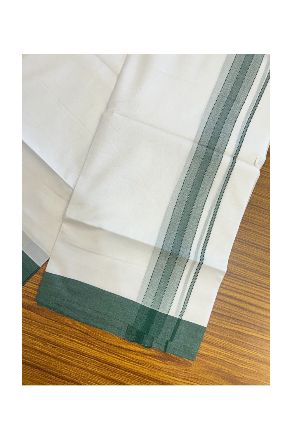 20% DISCOUNT! KaithariKada Balaramapuram 100% Cotton Double Pure white Mundu/Dhoti- 100x80 - 1.5 inch Green Shaded Striped Kara - 3.78mtr ( 8 muzham) - 21KK5227 PMC