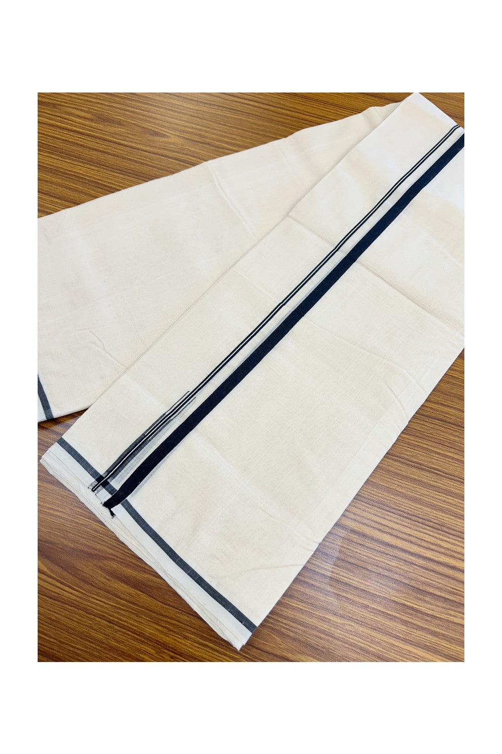25% Discount KaithariKada HANDLOOM Millpaav Balaramapuram - 100% PURE Cotton OFF WHITE (Unbleached) Double Mundu/Dhoti - 80X90 - Puliyilakkara 1 cm Black Chutty Kara 4 mtr (8.5 muzham)- 21KK5234 RAM