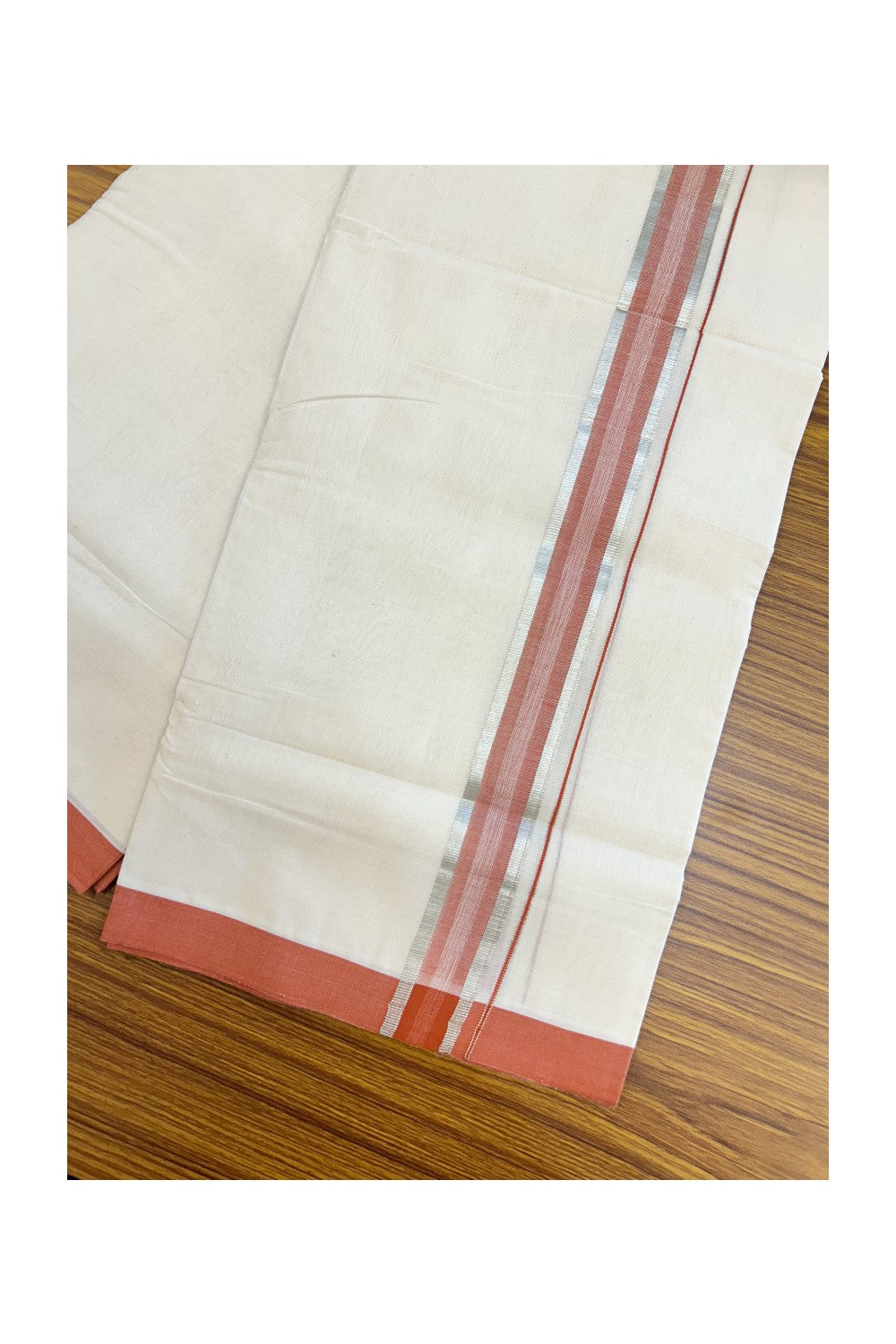25% Discount! KaithariKada HANDLOOM MILLPAAV Balaramapuram - 100% PURE Cotton OFF WHITE (Unbleached) Double Mundu/Dhoti - 80x90 - 1.5 inch Silver kasavu Rust orange shaded kara 4 Mtr (8.5 Muzham) - 21KK5235 YAR