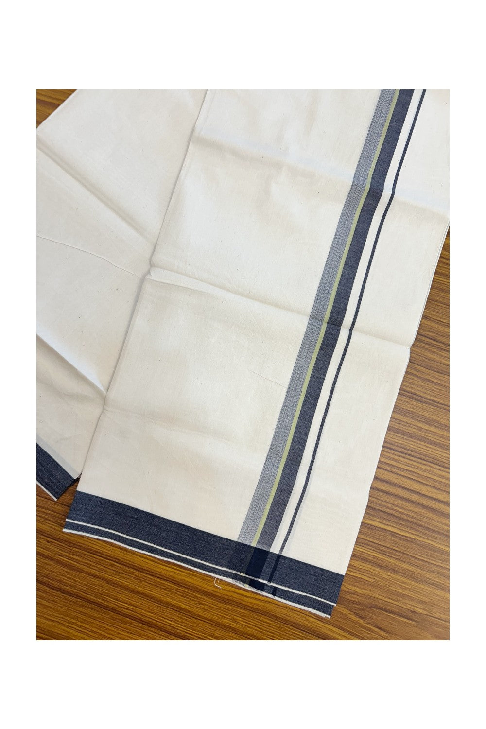 24% Discount !! KaithariKada Balaramapuram 100% Cotton OFF WHITE (Unbleached) Single Mundu/Dhoti - Twisted 60s Thread - 1 inch Navy Blue & White shaded Light Yellow green striped Kara (2 meter / 4 muzham) - 50KK5241 GL