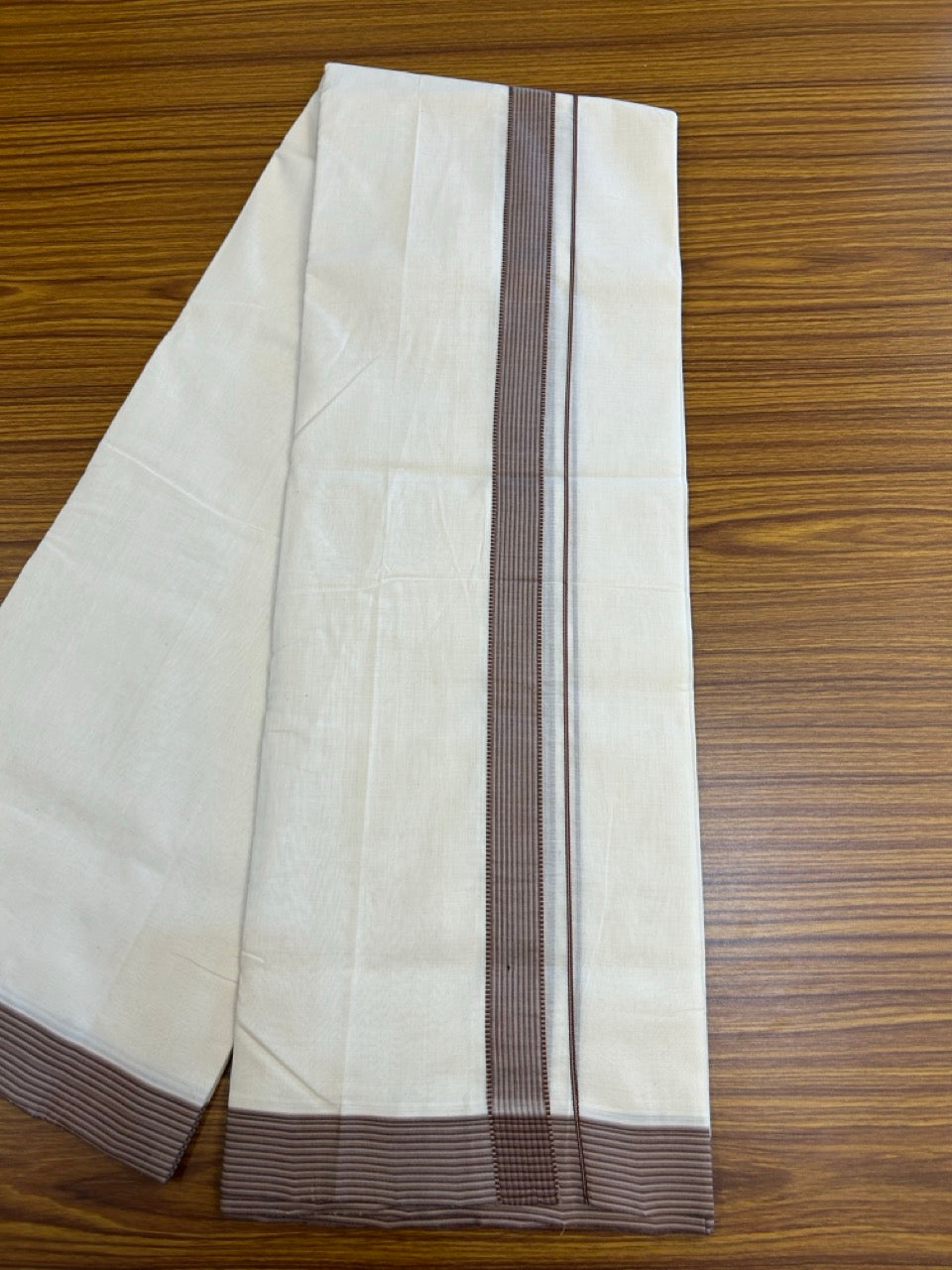 25% Discount! KaithariKada HANDLOOM UNAKKUPAAV Balaramapuram - 100% PURE Cotton OFF White - (Unbleached) Double Mundu/Dothi - 100 x 80 - 1.25 inch Brown Cream Violet Tint Stripes 3.80 meter (8.5 mulam) - 21 KK5249 REA