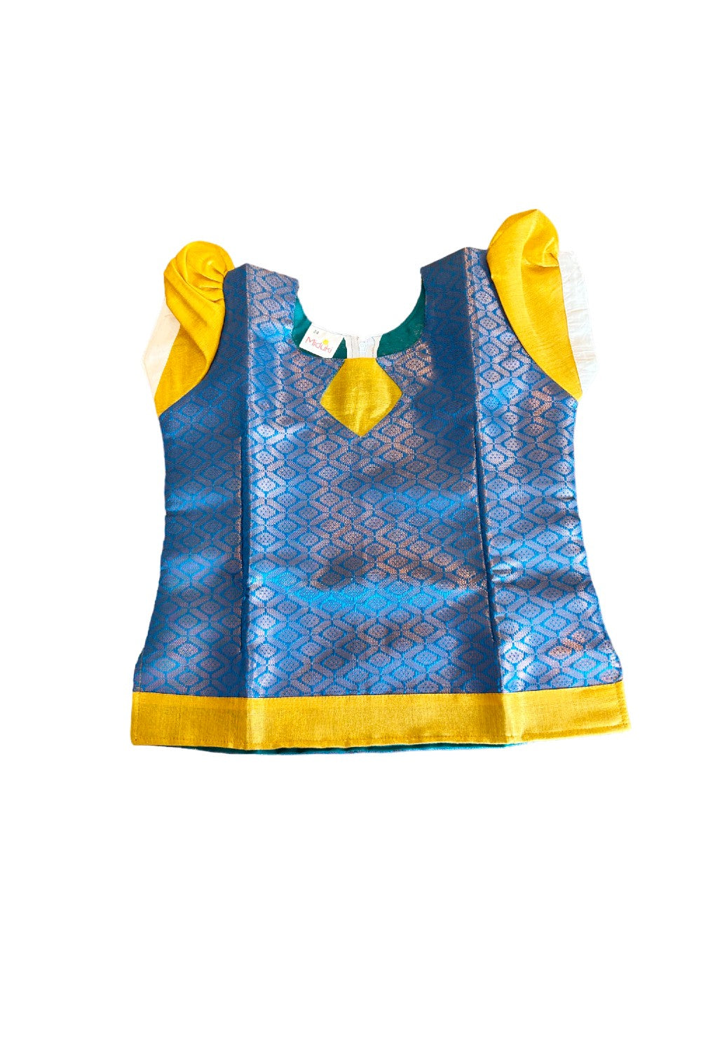 Midukki-Traditional South Indian Kids Pattu Pavada- Peacock blue brocade top offwhite skirt with kasavu peacock print- Age 6 - KK6MID0021