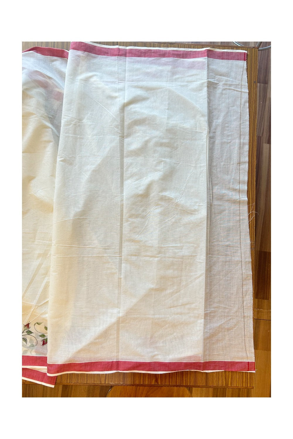 25% Discount! Kaitharikada Kerala Saree - Cotton Off white - Pink + red Kara with Floral Prints-21KK300VIN