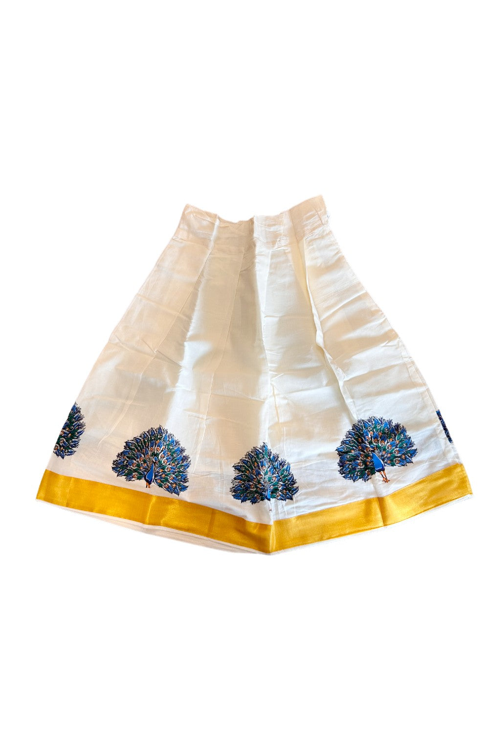 Midukki-Traditional South Indian Kids Pattu Pavada- Peacock blue brocade top offwhite skirt with kasavu peacock print- Age 6 - KK6MID0021