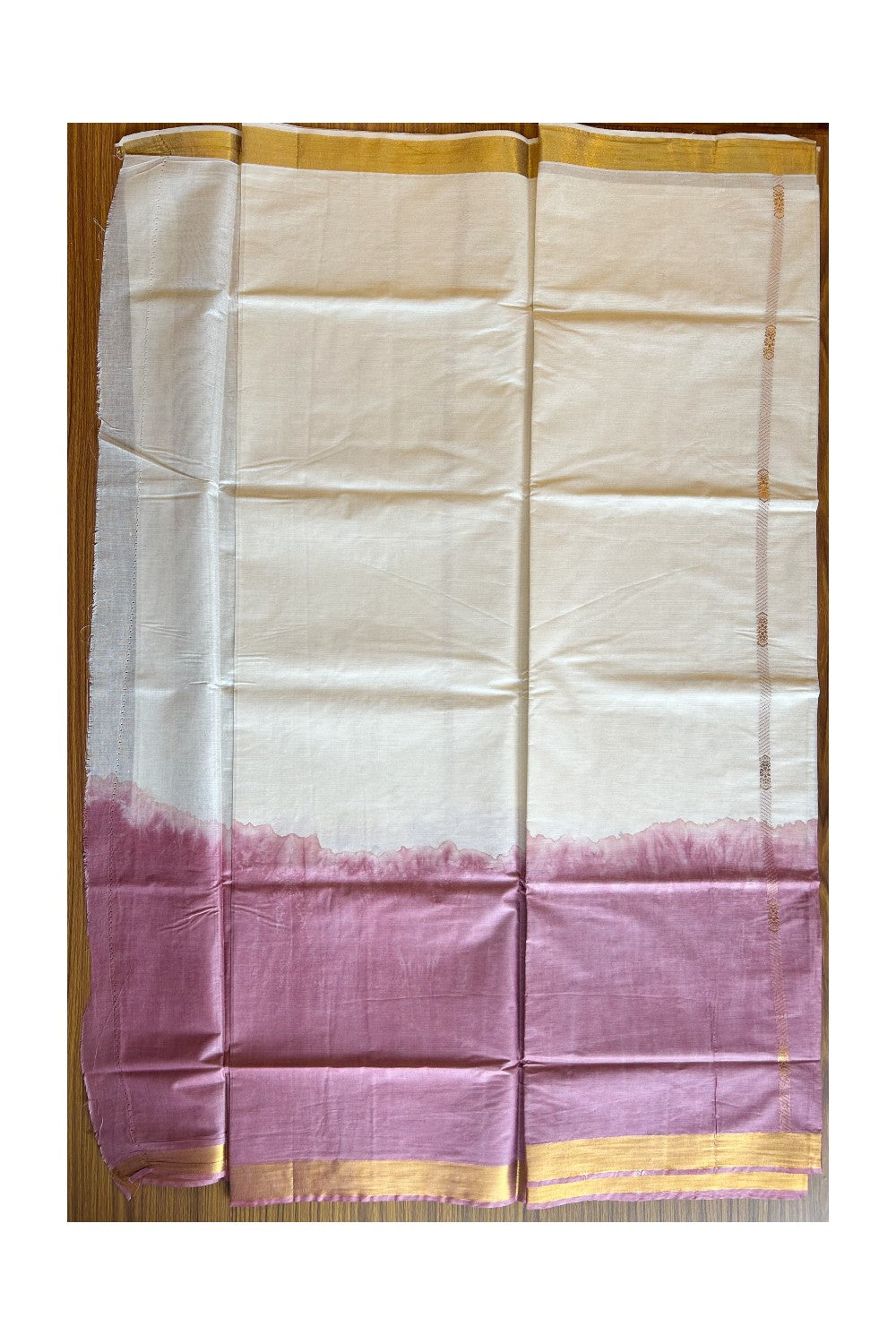 15% Discount! Kaitharikada Kerala Cotton Saree - Onion Pink Colour Dyed & 24 inch Kasavu Saree with Flower Pattern Putta Design - 21KK1003HAR