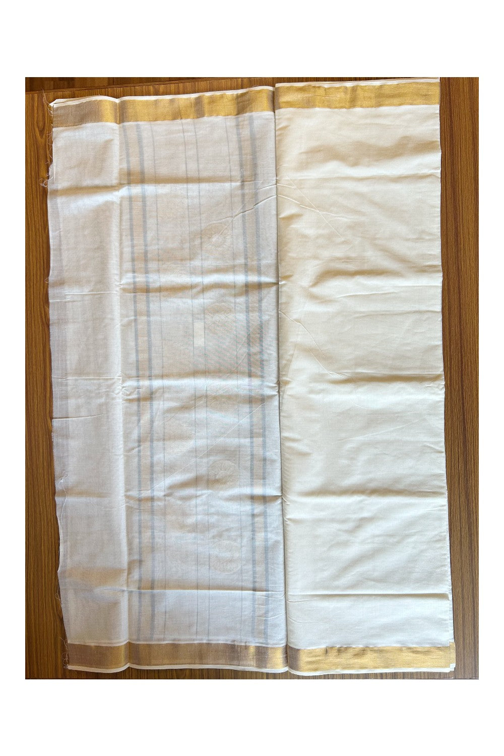 25% Discount! Kaitharikada Kerala Cotton Saree Off white - 12 inch Kasavu Zari with Brown Flower Pattern Putta Design- 21KK303VIN