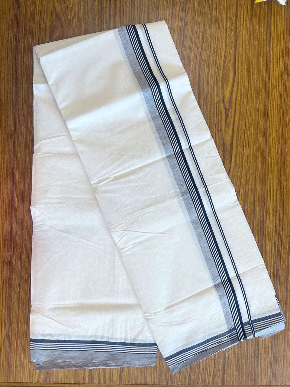 MERCERISED Cotton by KaithariKada ORIGINALS! 32% Discount!! 100% Mercerised Cotton ULTRA PURE WHITE THREAD Double Mundu / Dhoti - 100s thread - 2 inch Black Striped & Shaded kara - 3KK9999YAR