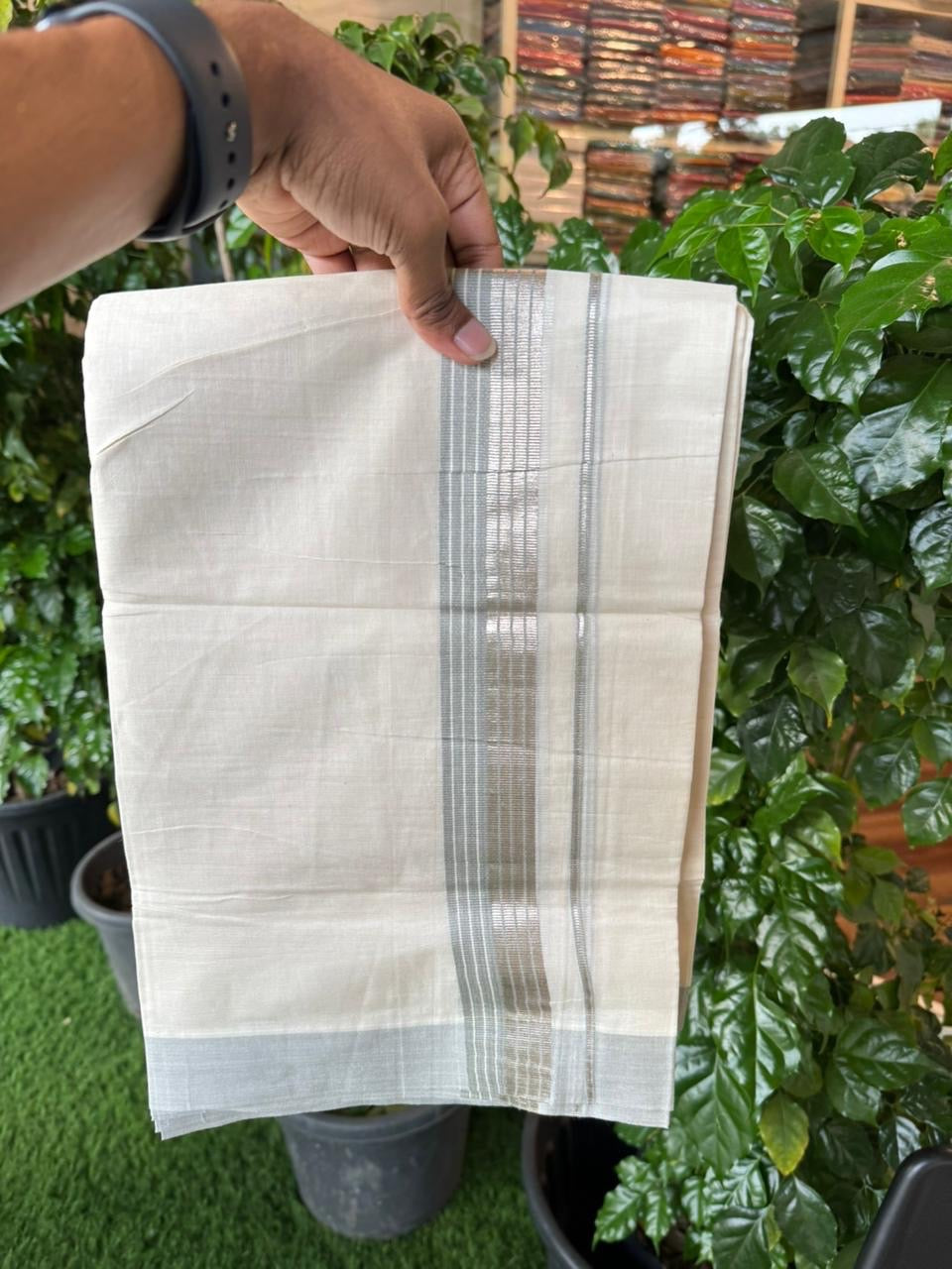 20% Discount! KaithariKada Balaramapuram 100% Cotton Off white Double Mundu/Dhoti - (100x80)S - 1.5 inch Ash Blue & Silver Kasav Striped Kara - 4mtr (8.5muzham) - 74 KK5255 VAS