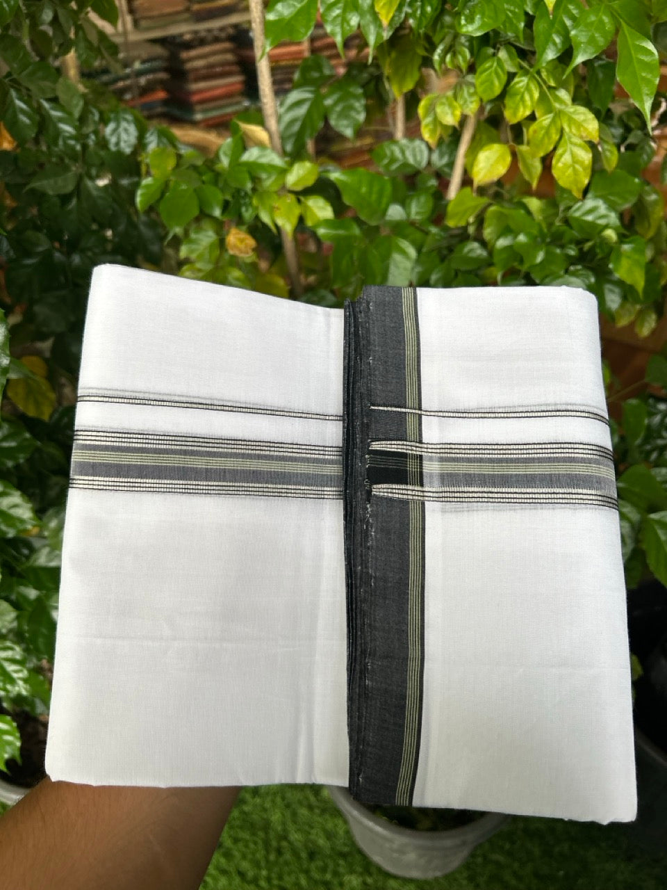 25% Discount!! NEW ULTRA PURE WHITE HANDLOOM Balaramapuram - 100% MERCERISED Cotton Double Mundu/Dhoti - 120 twisted warp x 80s weft - Green Black Silver Kasav Kara- 22KK5248 REA