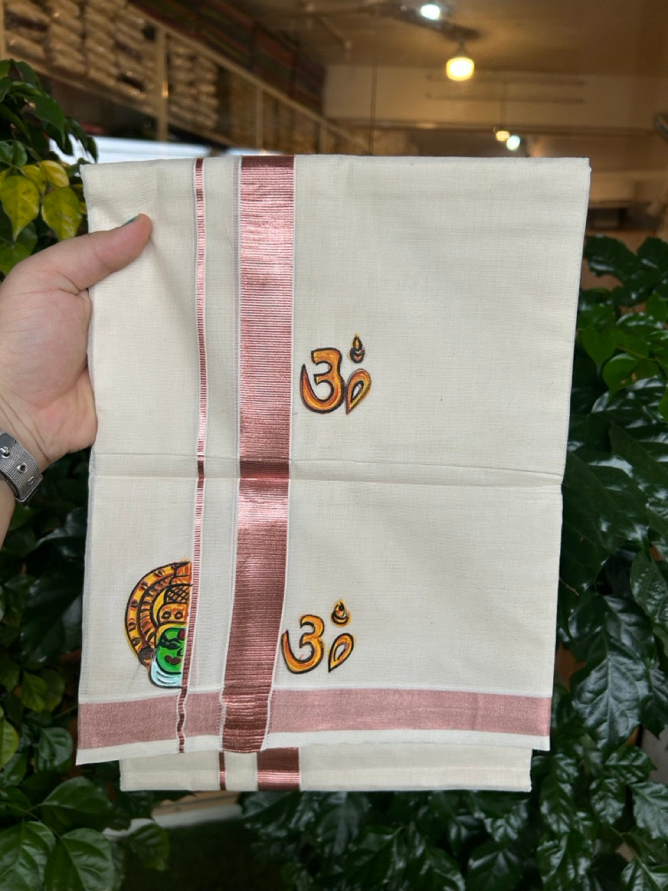 24% Discount! KaithariKada 100% Cotton Double Off white - (Ubleached) Mundu / Dhoti - 100x80 1 inch Copper Silver Kasavu & Hand Painted Ohm Kathakali - 22 KK5259 CKS