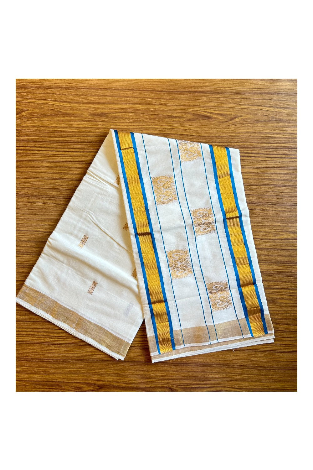 25% Discount! Kaitharikada Kerala Cotton Saree Off white - 12 inch Kasavu Zari Peacock Blue & Peacock Pattern Putta Design- 22KK303VIN