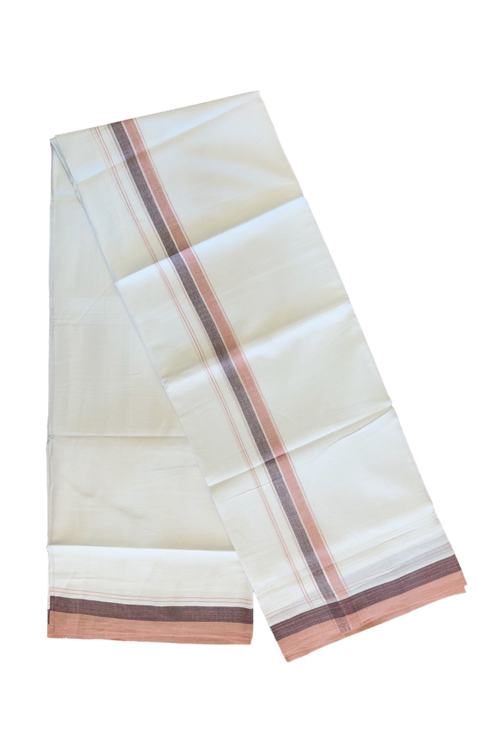 15% DISCOUNT!! Kaitharikada Balaramapuram 100% Cotton Ultra WHITE Double Mundu/Dothi-100x90 2 Inch Brown & Peach kara - 22KK430VAS