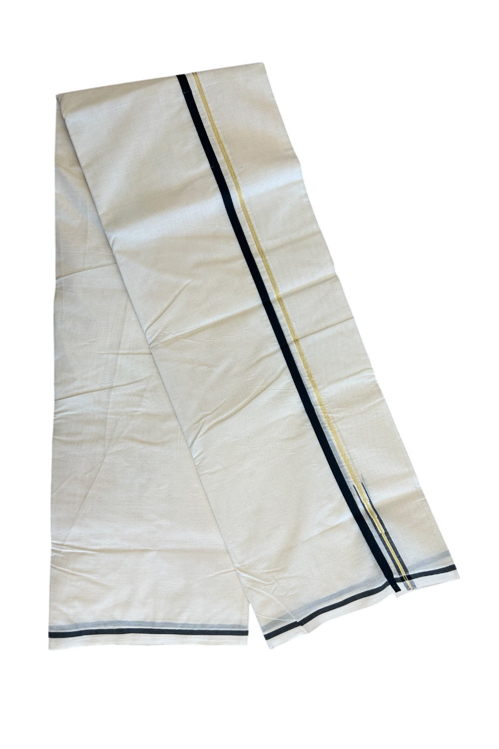 13% Discount!!! KaithariKada Balaramapuram 100% Cotton off white (Unbleached) Double Mundu/Dhoti-100x100 1.cm Chutty Black & Kasavu-28