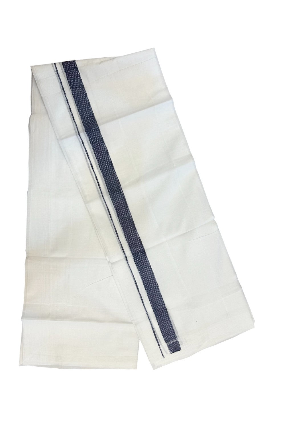 20% DISCOUNT!! KaithariKada Balaramapuram 100% Cotton PURE WHITE DOUBLE Mundu/Dhoti - 100x80 - 1 inch Navy Blue Design Kara - 22KK5174THI