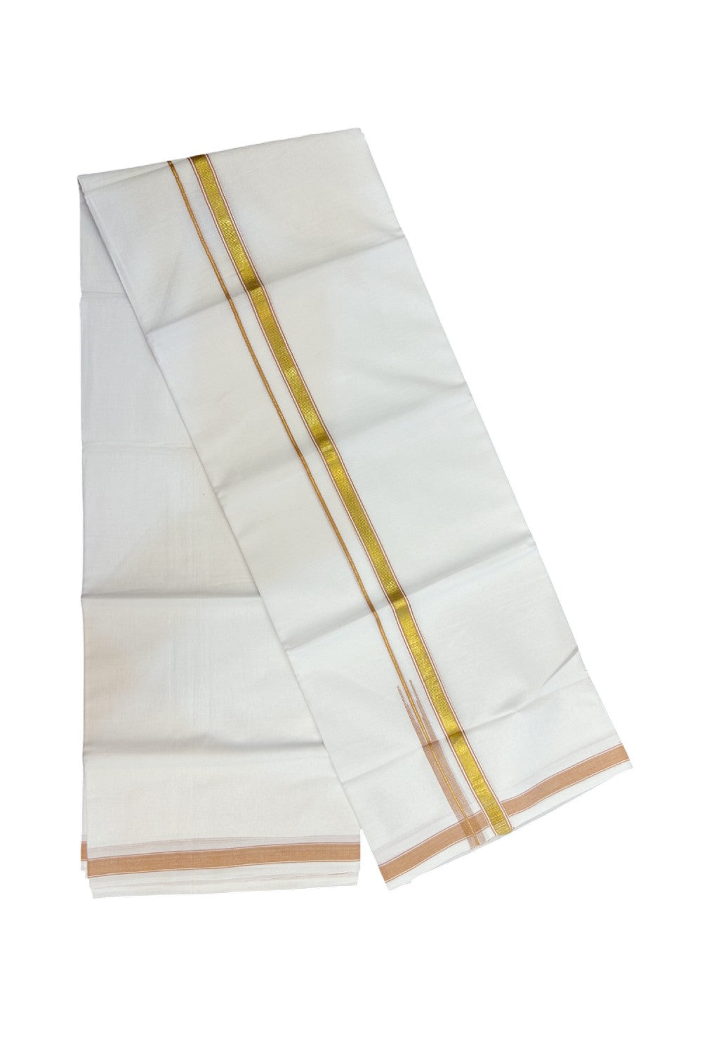 20% DISCOUNT!! KaithariKada Balaramapuram 100% Cotton PURE WHITE Double Mundu/Dhoti-100x80 - 0.5 inch Orange Brown Kasav Chutty Kara - 22KK5191CKS