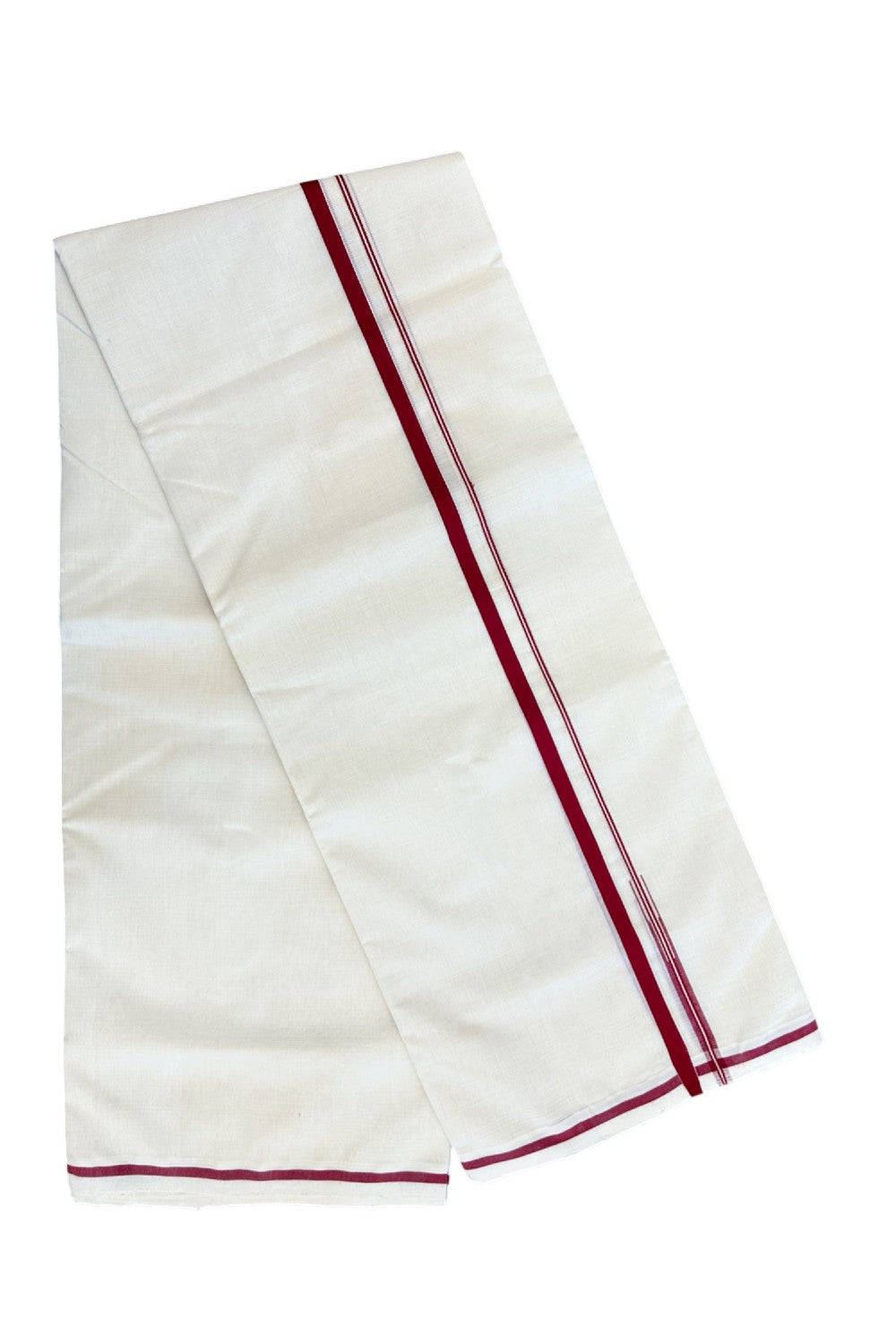 25% Discount KaithariKada HANDLOOM Millpaav Balaramapuram - 100% PURE Cotton OFF WHITE (Unbleached) Double Mundu/Dhoti - 80X90 - Puliyilakkara 1 cm Reddish Maroon Chutty Kara 4 mtr (8.5 muzham)- 22KK5234 RAM
