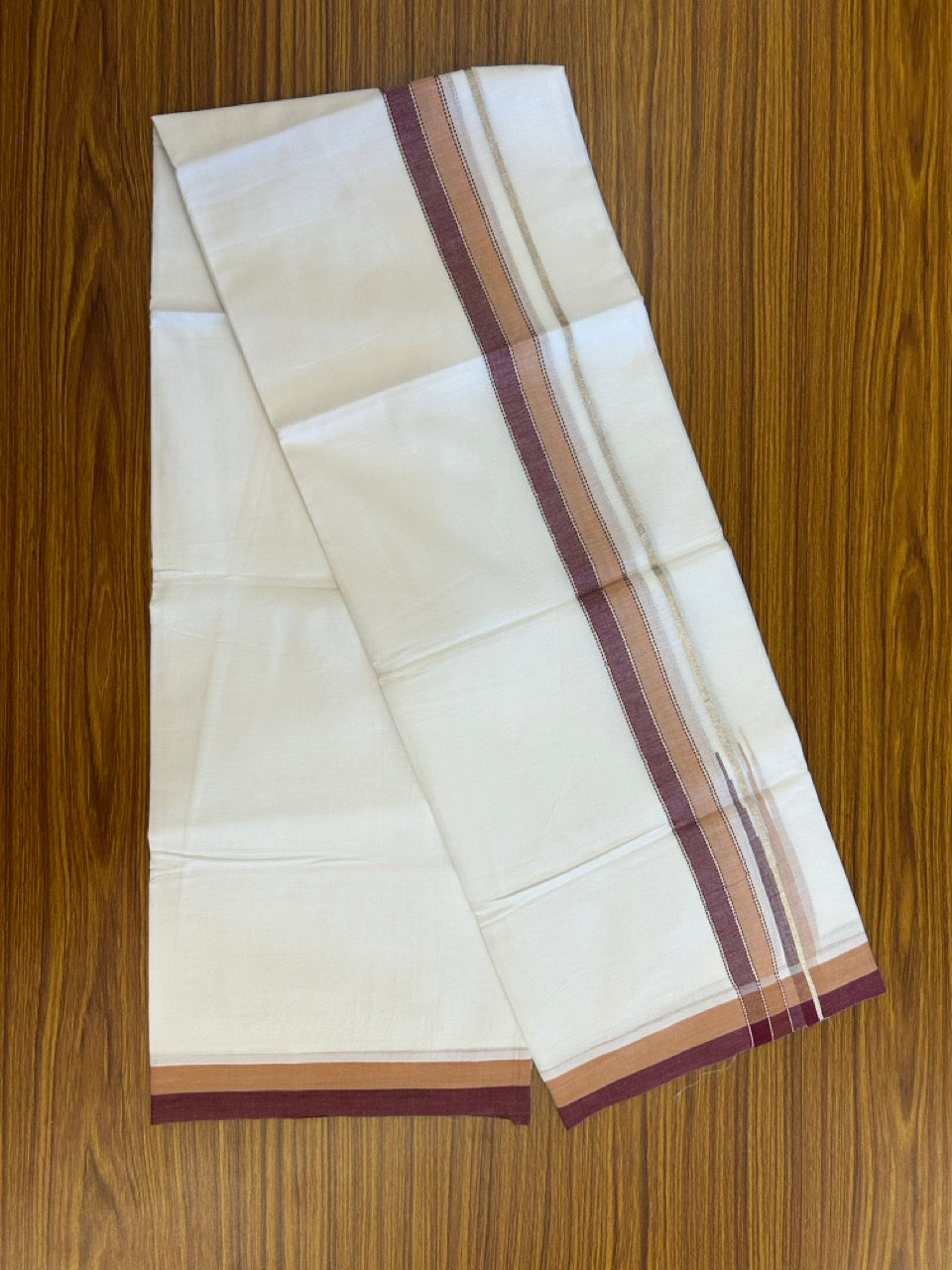 26% Discount ! NEW! KaithariKada Balaramapuram 100% Cotton Pure white Double Mundu/Dhoti - (100x80)s - Orange Brown Maroon Chutty Silver Kasav - 22 KK5252 CKS