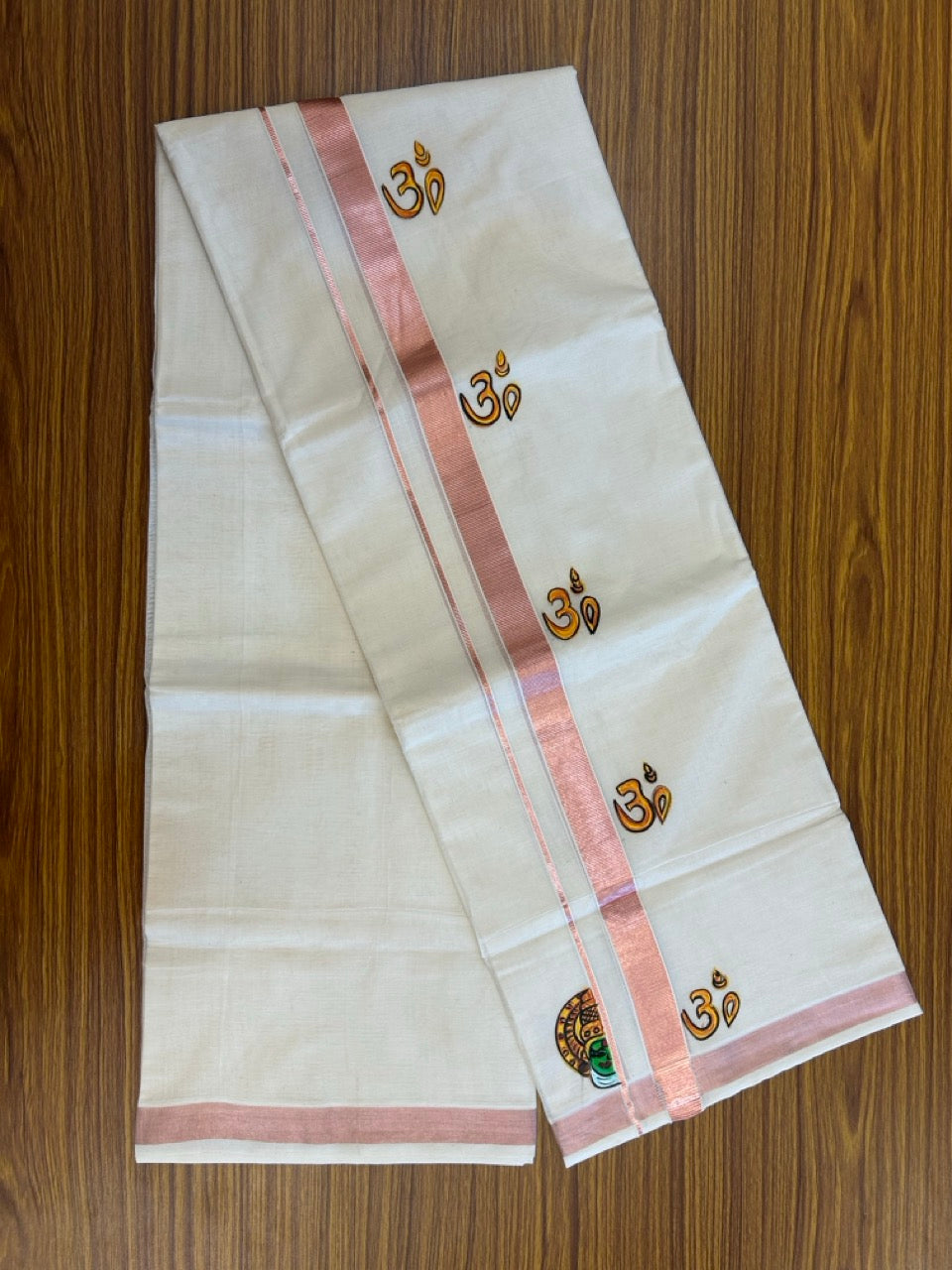 24% Discount! KaithariKada 100% Cotton Double Off white - (Ubleached) Mundu / Dhoti - 100x80 1 inch Copper Silver Kasavu & Hand Painted Ohm Kathakali - 22 KK5259 CKS
