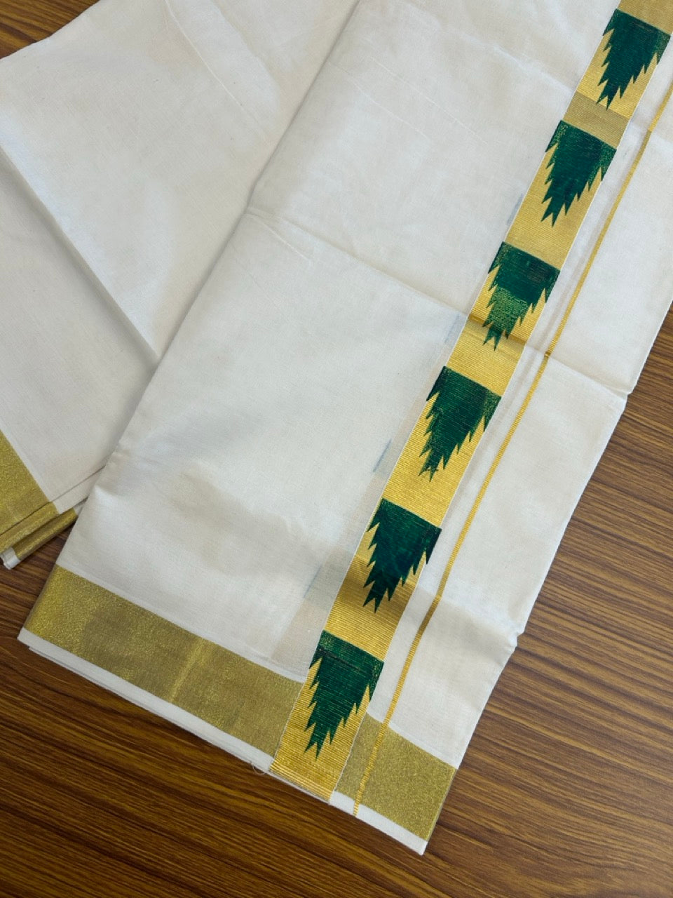 KaithariKada 100% Cotton Double Off White - (Ubleached) Mundu/Dhoti - 80x80 - 1.5 inch Gold Kasavu & Green Temple Printed Design Kara - 4 mtr (8 muzham)- 22 KK5262 STH