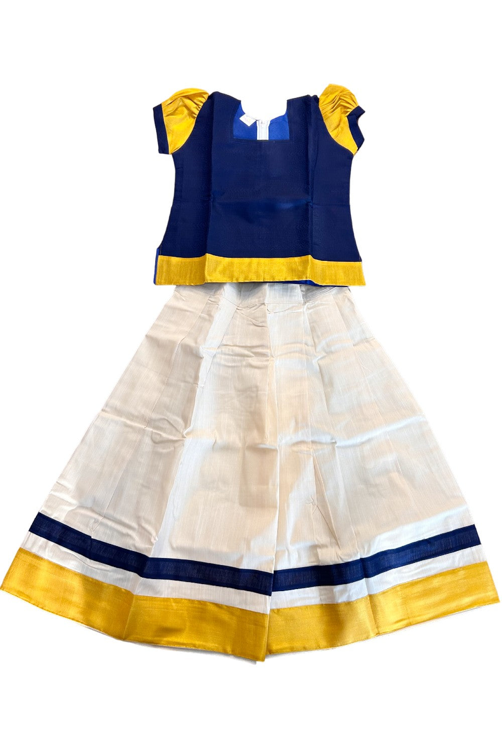 Midukki-Traditional South Indian Kids Pattu Pavada- Navy blue top with emboss work offwhite skirt with kasavu- Age 10 - KK10MID0022
