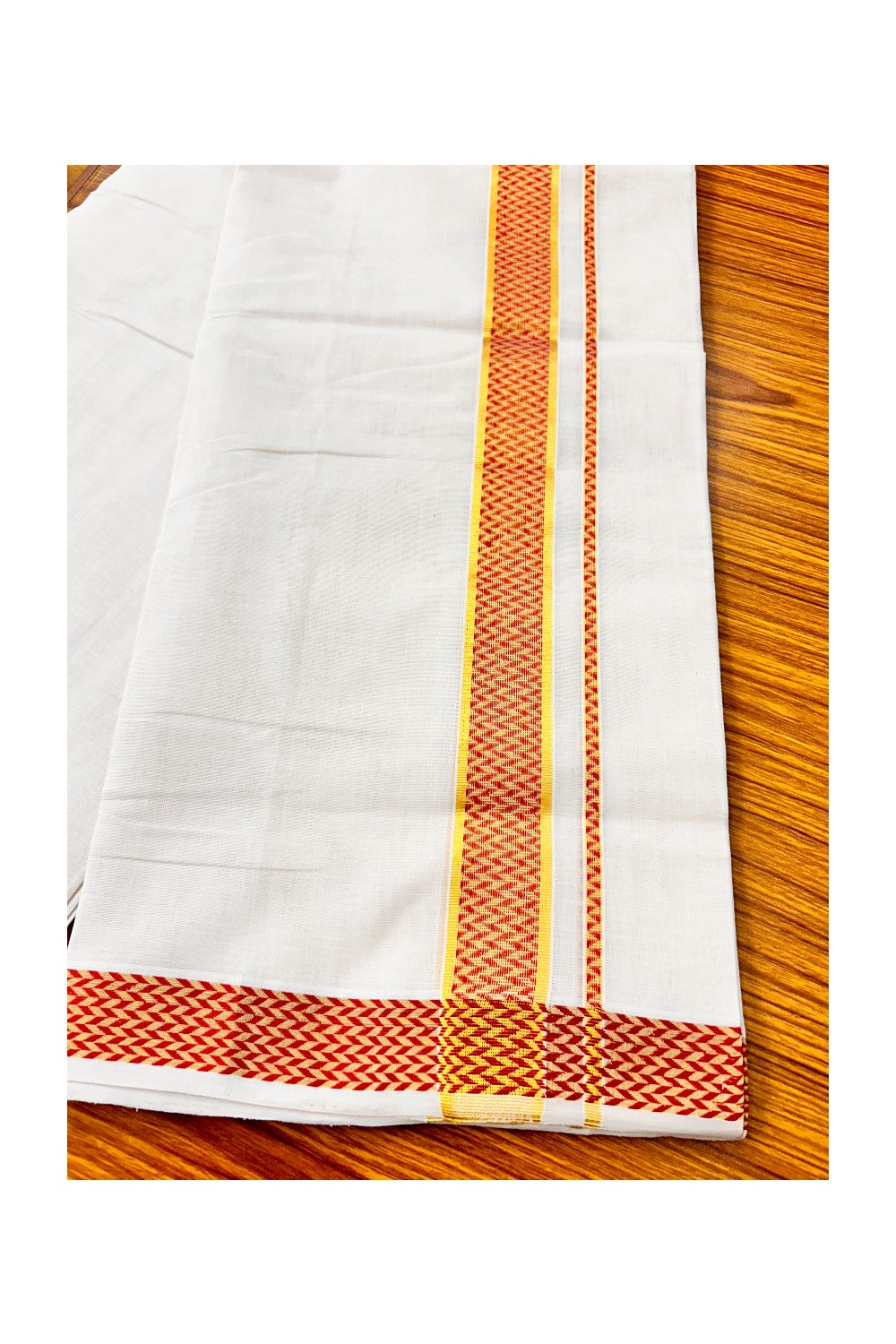 25% DISCOUNT ! KaithariKada HANDLOOM Unakkupaav Balaramapuram - 100% PURE Cotton 3.75 Off White (Unbleached) Double Mundu/Dhoti - Brick Red Check & KASAVU DESIGN 2.5 Inch KARA- ABH22