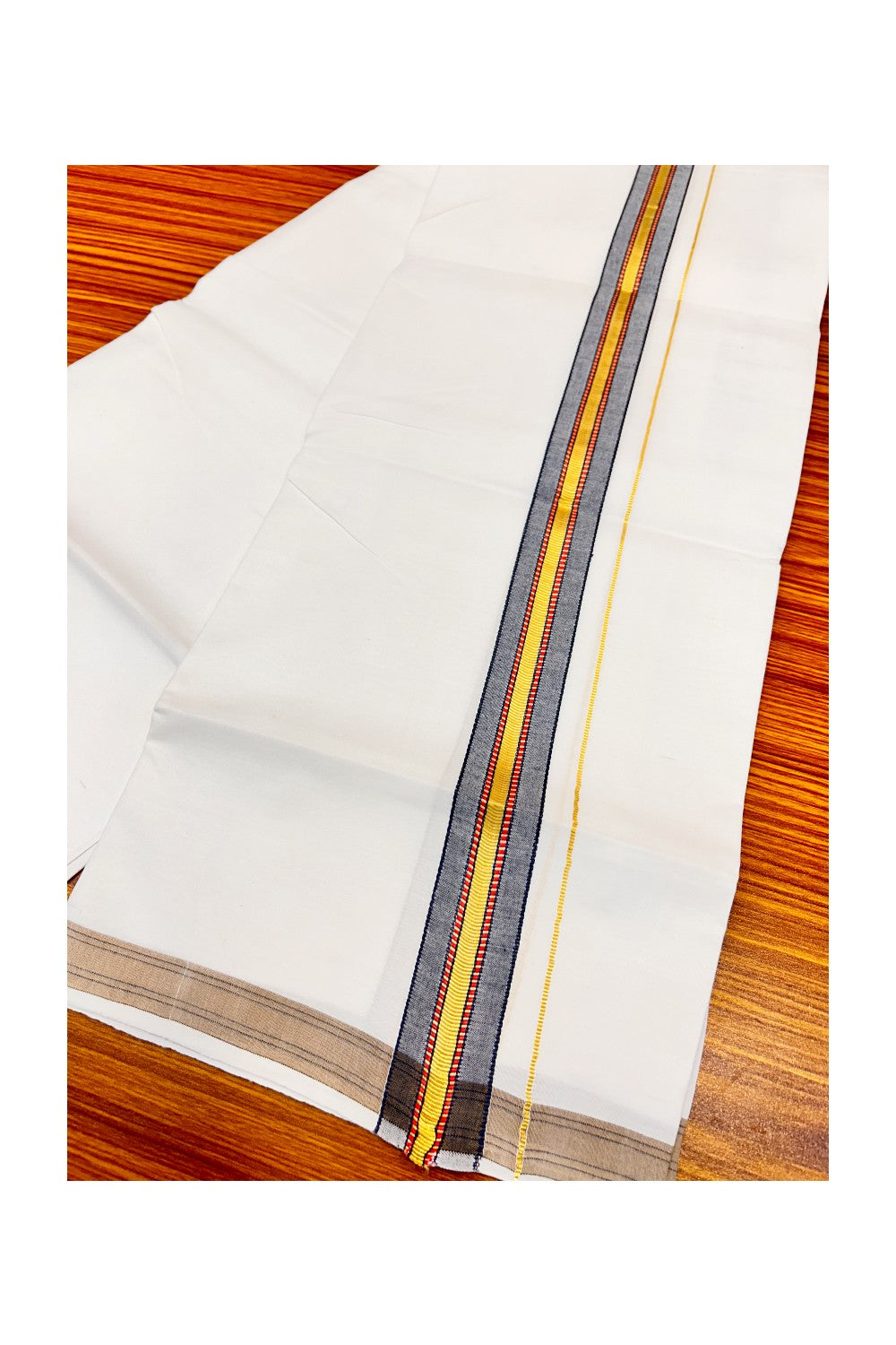 25% OFFER! KaithariKada 100% Cotton Balaramapuram HANDLOOM Single PURE WHITE Mundu/Dhoti - 2 inch (2 meter / 4 muzham) Black Kasavu Kara & Red Stripes Design - 22KAI.