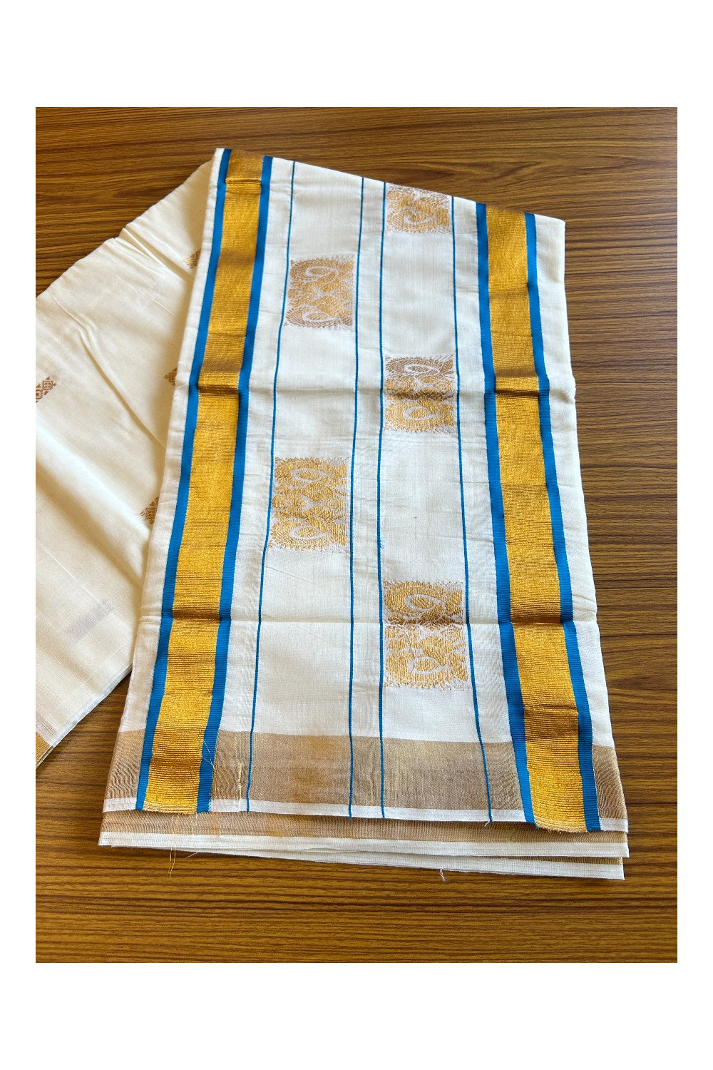 25% Discount! Kaitharikada Kerala Cotton Saree Off white - 12 inch Kasavu Zari Peacock Blue & Peacock Pattern Putta Design- 22KK303VIN