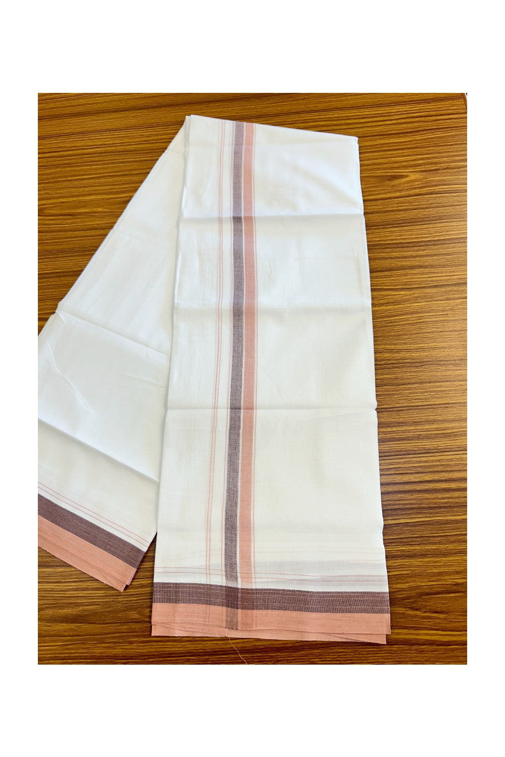 15% DISCOUNT!! Kaitharikada Balaramapuram 100% Cotton Ultra WHITE Double Mundu/Dothi-100x90 2 Inch Brown & Peach kara - 22KK430VAS