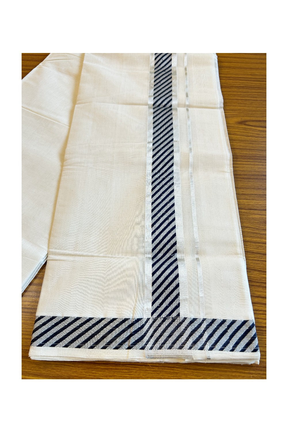 25% DISCOUNT!! KaithariKada HANDLOOM UNAKKUPAAV Balaramapuram - 100% PURE Cotton OFF White (Unbleached) Double Mundu/Dothi - 2.75 Inch Navy Blue & silver pattern Kara - 22KK456KK