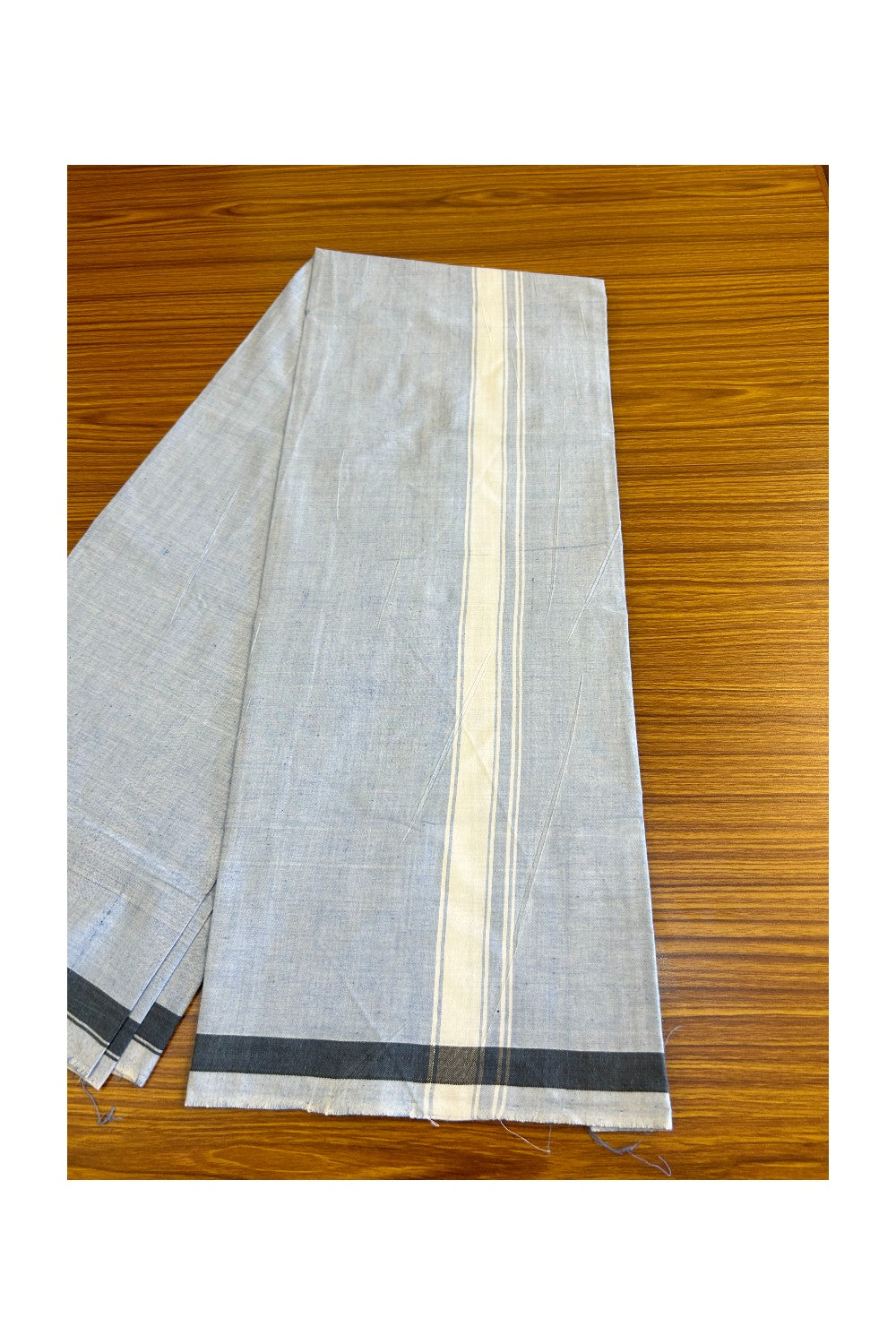 16% DISCOUNT ! KaithariKada Kalamachal 100% Pure Cotton -(80X80) Twisted Thread Handloom Single Mundu/Dhoti - Light Blue COLOUR  BODY & White stripes 1.75 inch Kara- 22KK479KAL