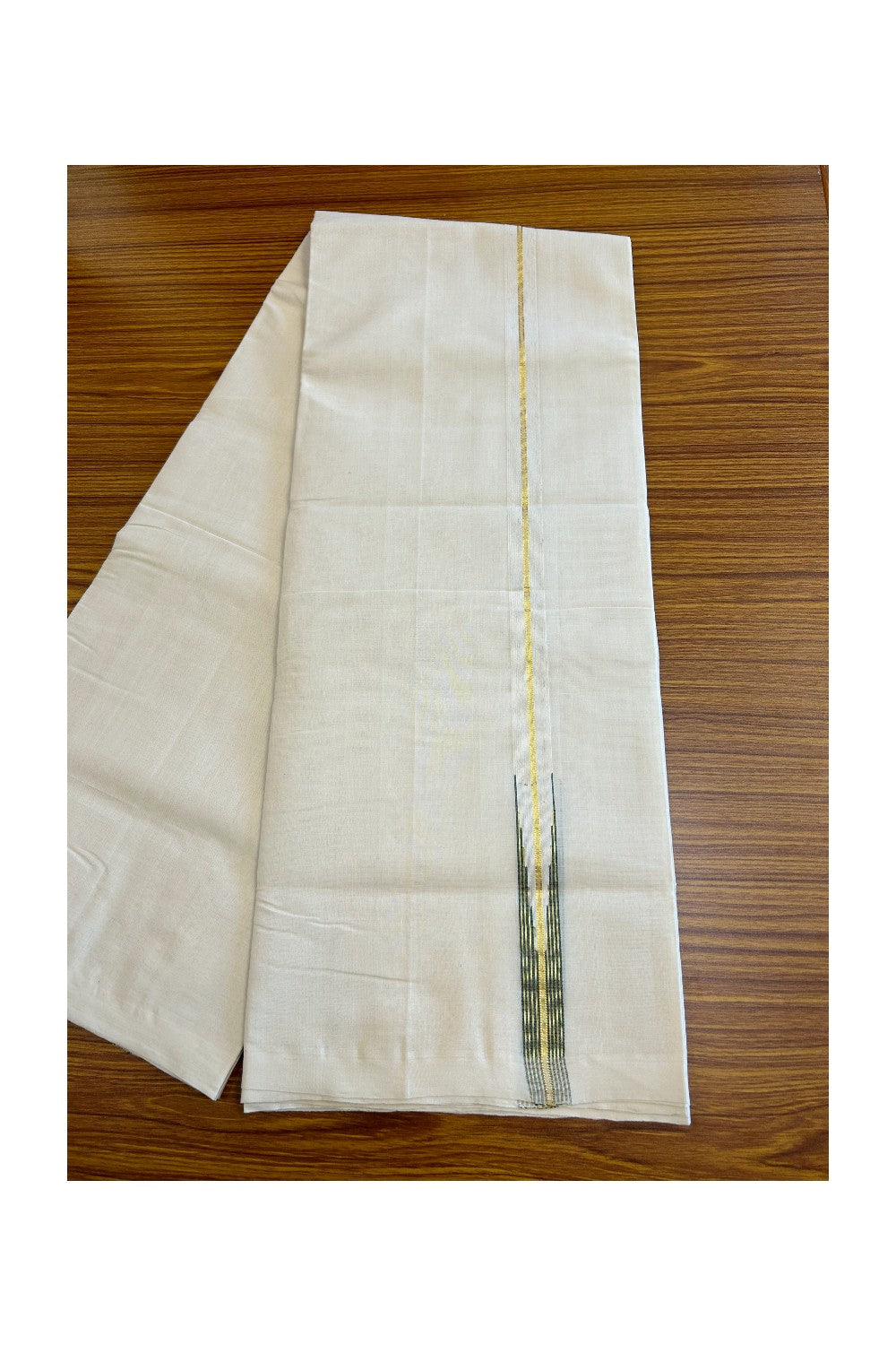 25% DISCOUNT!! KaithariKada HANDLOOM Millpaav Balaramapuram - 100% PURE Cotton OFF White - (Unbleached) Double Mundu/Dothi - 1 inch puliyilakkara Kasavu & Green striped chutty - 22KK5011RAM