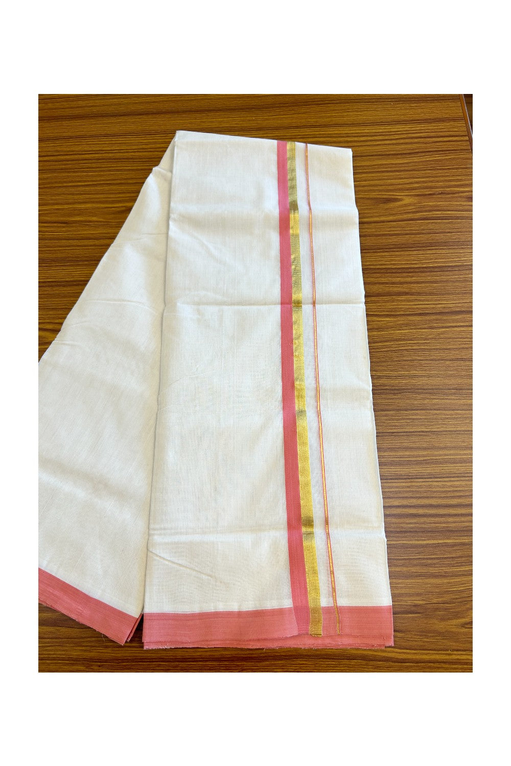 30% KaithariKada HANDLOOM UNAKKUPAAV Balaramapuram - 100% PURE Cotton Off white (Unbleached) Double Mundu/Dhoti - 1.5 inch Peach Kara & Gold Kasavu-85
