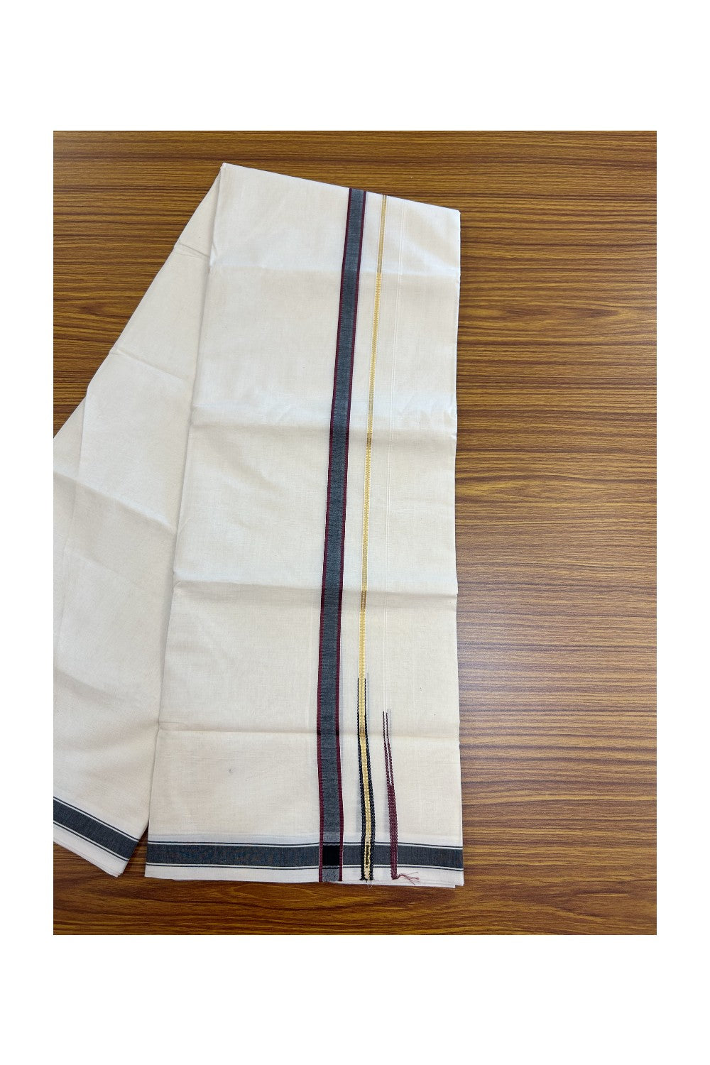 20% DISCOUNT !! KaithariKada Balaramapuram 100% Pure Cotton Double Off white - (Unbleached) Mundu/Dhoti-100x80 - 0.75 inch Puliyilakkara Gold Kasavu Wine & Black Shaded Double Chutty Kara - 22KK5186CKS