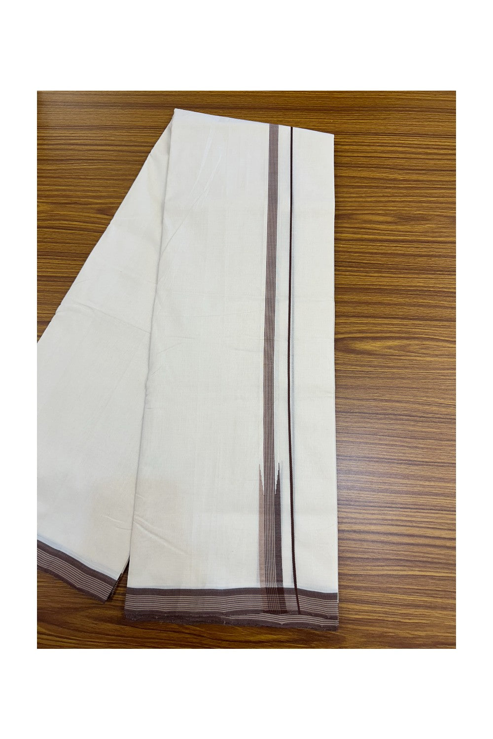25% DISCOUNT!! KaithariKada HANDLOOM UNAKKUPAAV Balaramapuram - 100% PURE Cotton OFF White - (Unbleached) Double Mundu/Dothi - 80X100 - 0.75 inch Puliyilakkara Brown & Cream Tan Striped Chutty Kara 3.80 meter (8.5 Muzham) - 22KK5209 REA