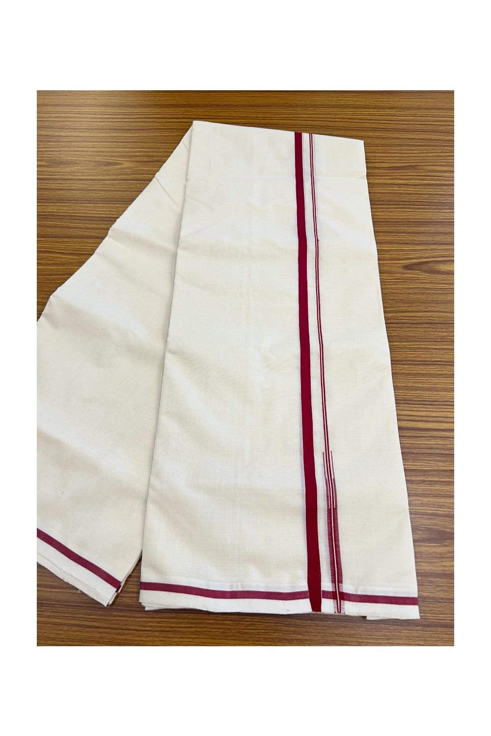 25% Discount KaithariKada HANDLOOM Millpaav Balaramapuram - 100% PURE Cotton OFF WHITE (Unbleached) Double Mundu/Dhoti - 80X90 - Puliyilakkara 1 cm Reddish Maroon Chutty Kara 4 mtr (8.5 muzham)- 22KK5234 RAM