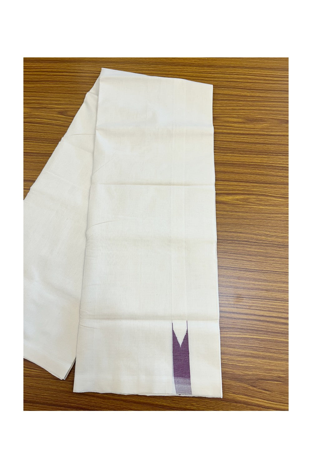 25% Discount!!! KaithariKada HANDLOOM UNAKKUPAAV Balaramapuram - 100% PURE Cotton OFF WHITE (Unbleached) Double Mundu/Dhoti - 80x90 - 1 inch Dark purple shaded chutty 4 Mtr (8.5 Muzham) - 22KK5235 YAR