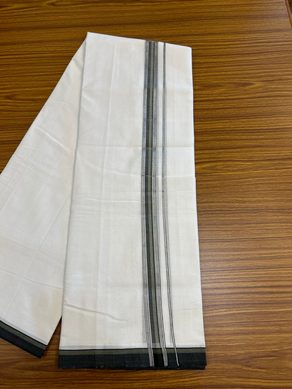 25% Discount!! NEW ULTRA PURE WHITE HANDLOOM Balaramapuram - 100% MERCERISED Cotton Double Mundu/Dhoti - 120 twisted warp x 80s weft - Green Black Silver Kasav Kara- 22KK5248 REA