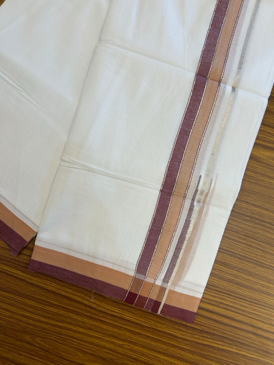 26% Discount ! NEW! KaithariKada Balaramapuram 100% Cotton Pure white Double Mundu/Dhoti - (100x80)s - Orange Brown Maroon Chutty Silver Kasav - 22 KK5252 CKS