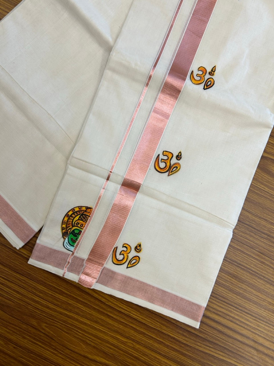 24% Discount! KaithariKada 100% Cotton Double Off white - (Ubleached) Mundu / Dhoti - 100x80 1 inch Copper Silver Kasavu & Hand Painted Ohm Kathakali - 22 KK5259 CKS