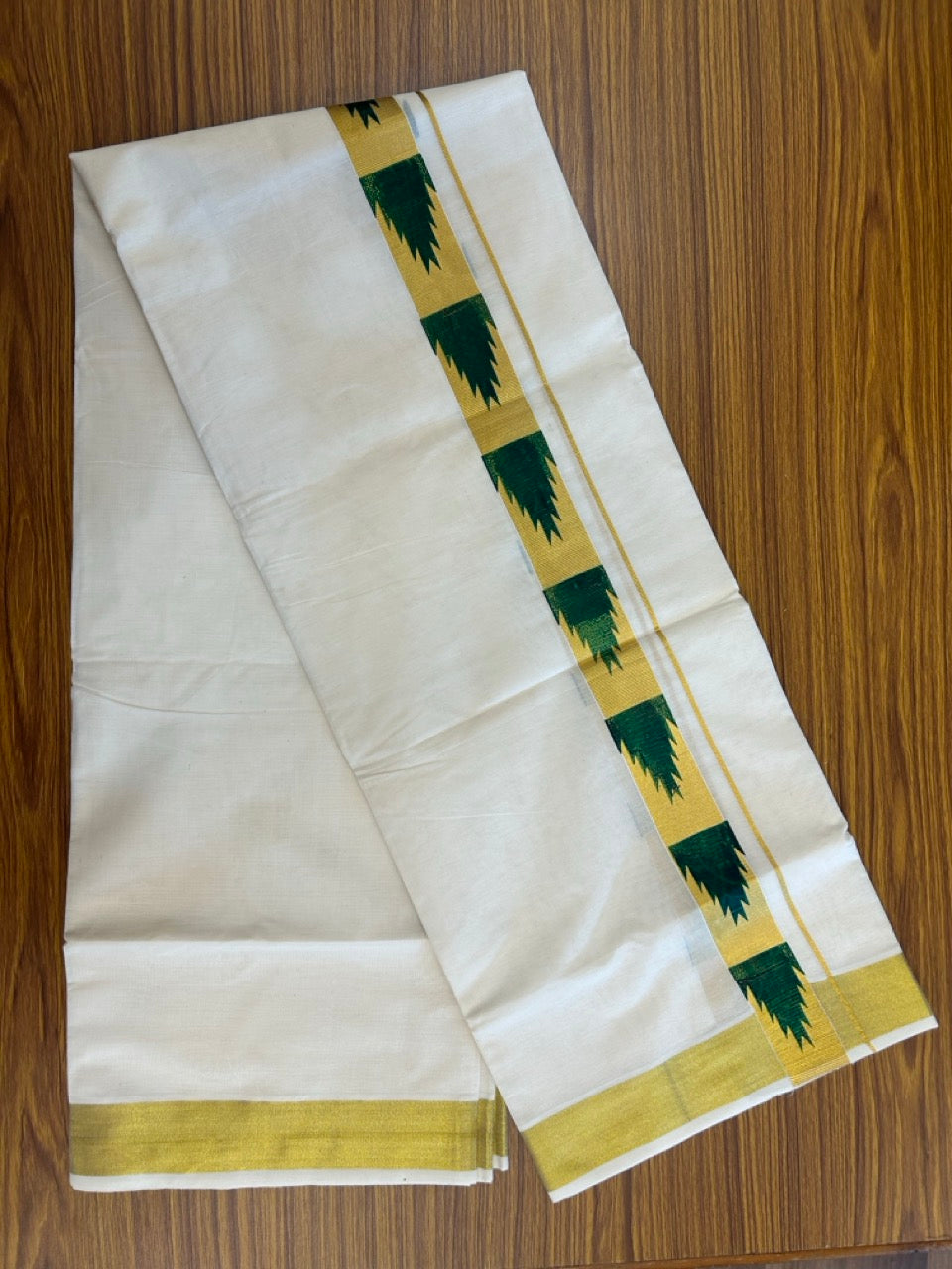 KaithariKada 100% Cotton Double Off White - (Ubleached) Mundu/Dhoti - 80x80 - 1.5 inch Gold Kasavu & Green Temple Printed Design Kara - 4 mtr (8 muzham)- 22 KK5262 STH