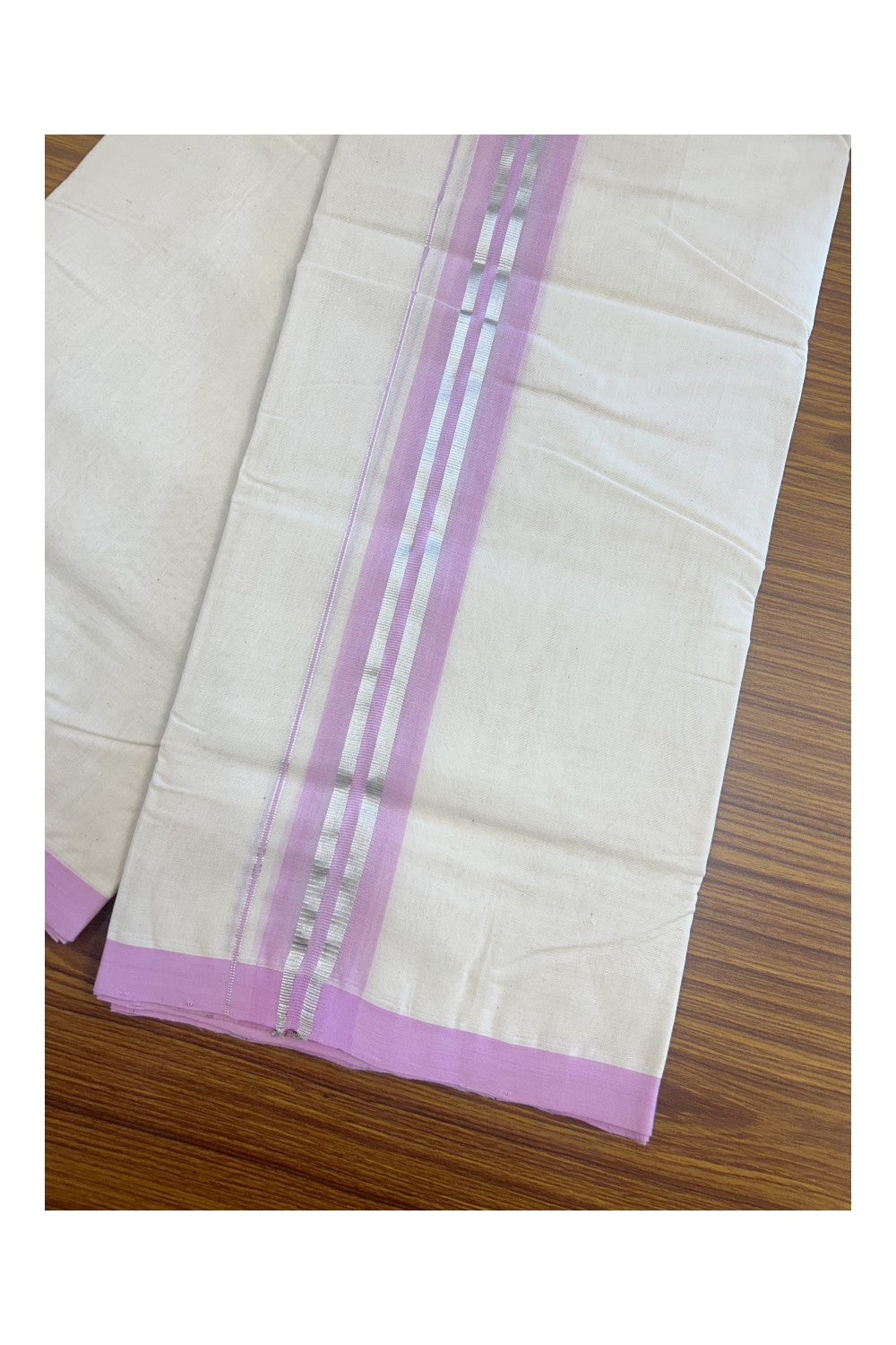 25% DISCOUNT!! KaithariKada HANDLOOM Millpaav Balaramapuram - 100% PURE Cotton OFF White Double - (Unbleached) Mundu/Dothi - 1.75 Inch Silver Kasav Purple Pink kara - 22kk5153RAM