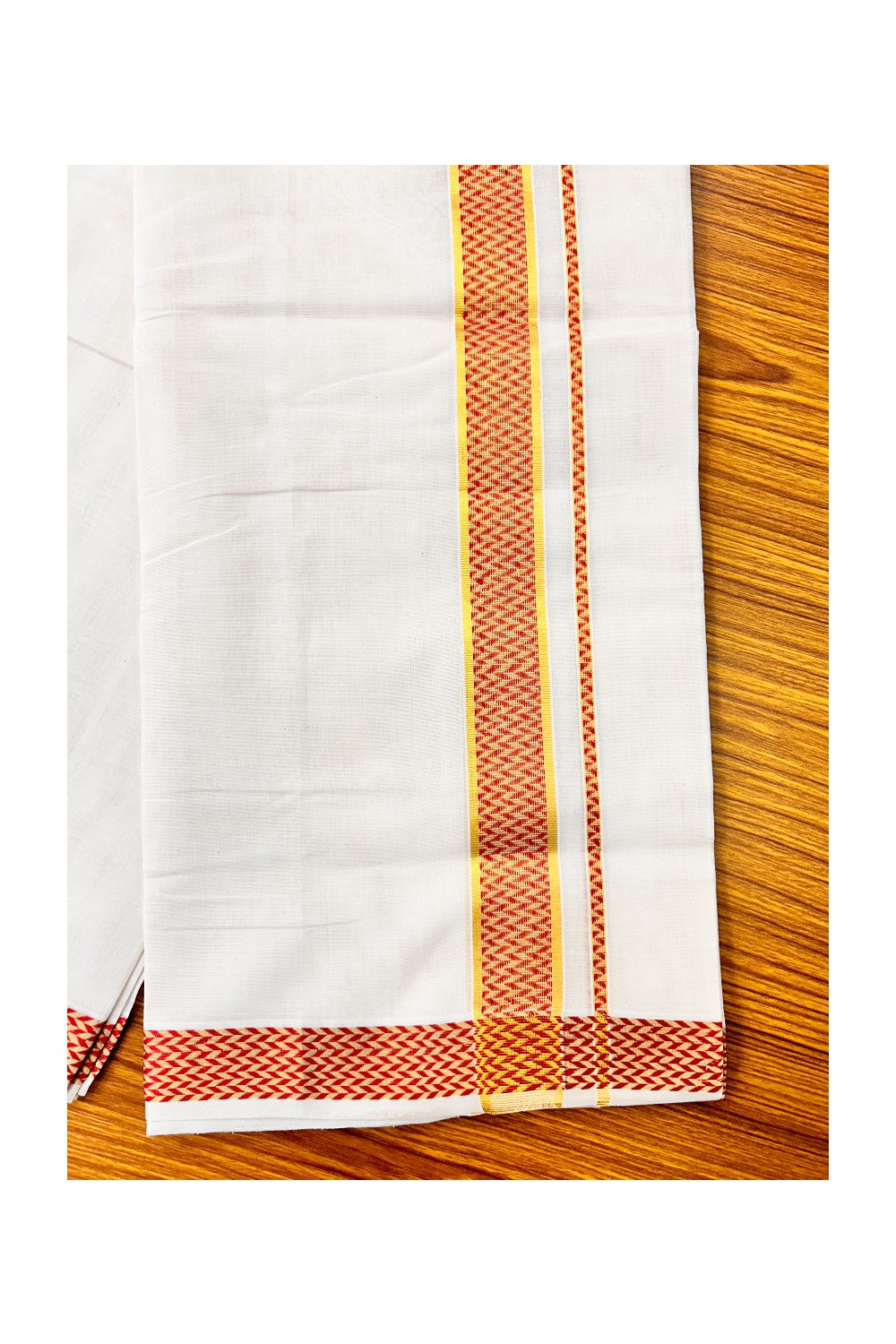 25% DISCOUNT ! KaithariKada HANDLOOM Unakkupaav Balaramapuram - 100% PURE Cotton 3.75 Off White (Unbleached) Double Mundu/Dhoti - Brick Red Check & KASAVU DESIGN 2.5 Inch KARA- ABH22