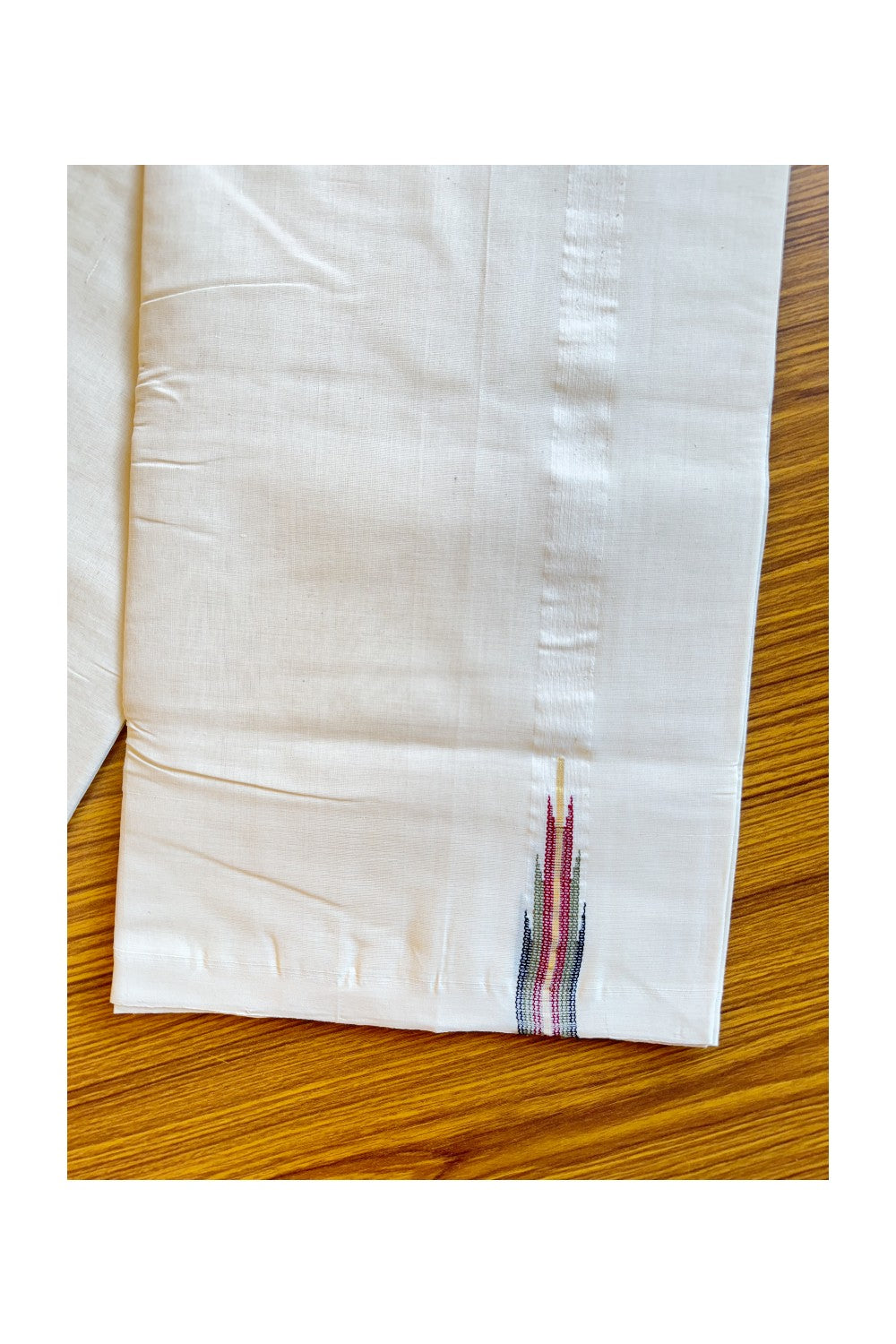 30% DISCOUNT!! KaithariKada HANDLOOM Millpaav Balaramapuram - 100% PURE Cotton OFF White (Unbleached) Double Mundu/Dothi - Multi colour temple chutty - 22KK203RAM