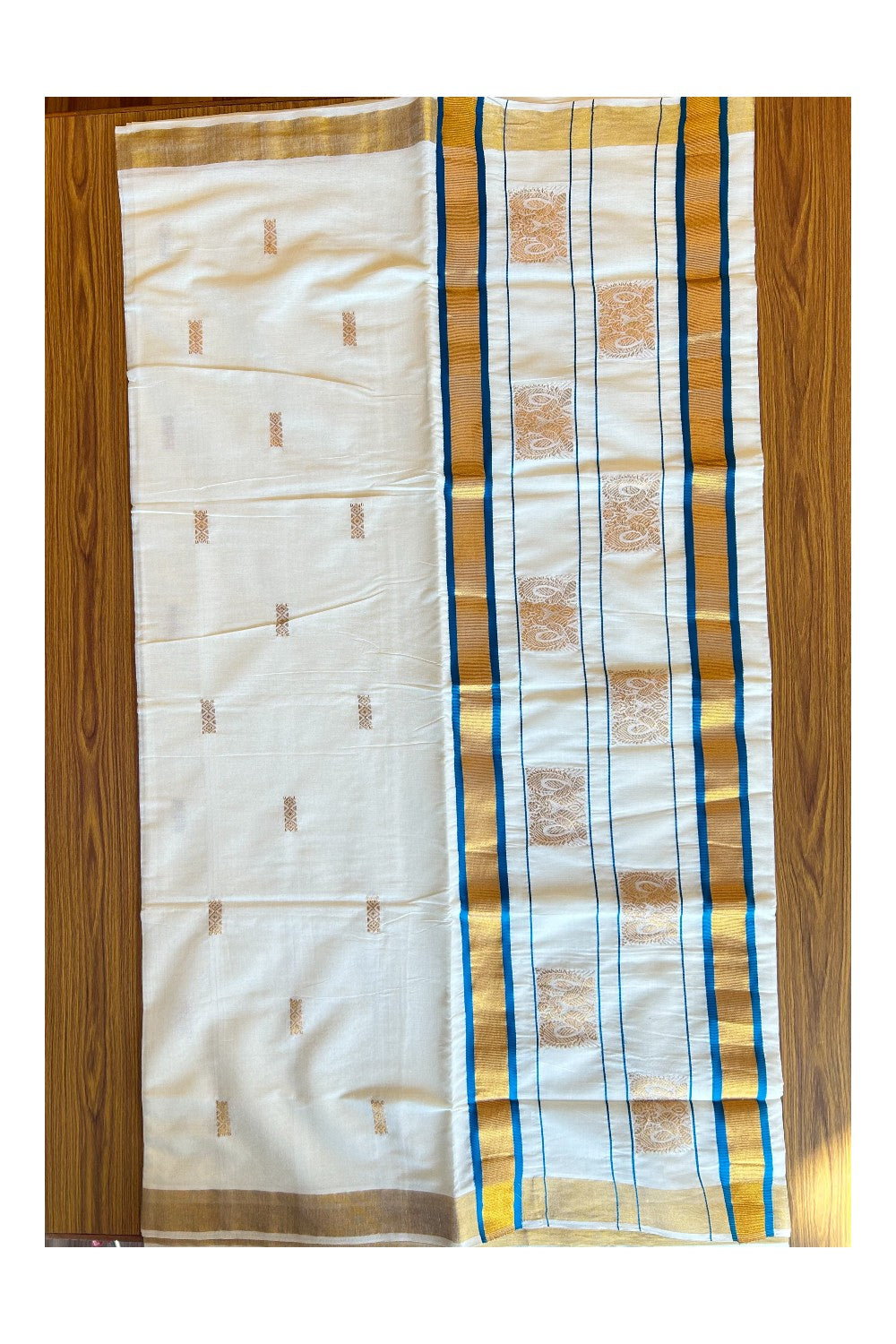 25% Discount! Kaitharikada Kerala Cotton Saree Off white - 12 inch Kasavu Zari Peacock Blue & Peacock Pattern Putta Design- 22KK303VIN