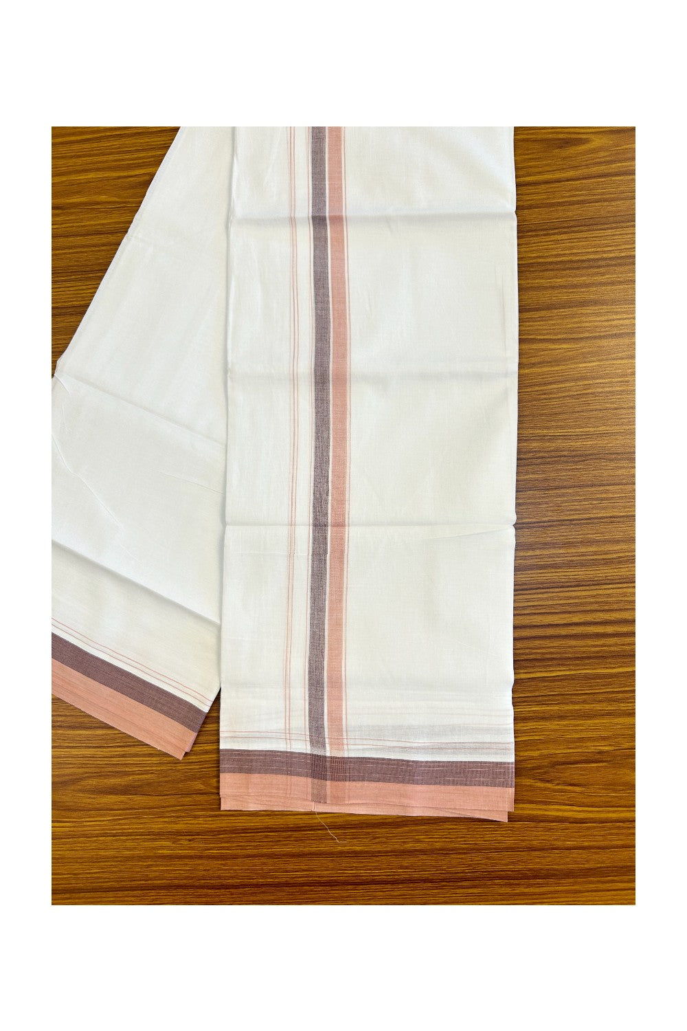 15% DISCOUNT!! Kaitharikada Balaramapuram 100% Cotton Ultra WHITE Double Mundu/Dothi-100x90 2 Inch Brown & Peach kara - 22KK430VAS
