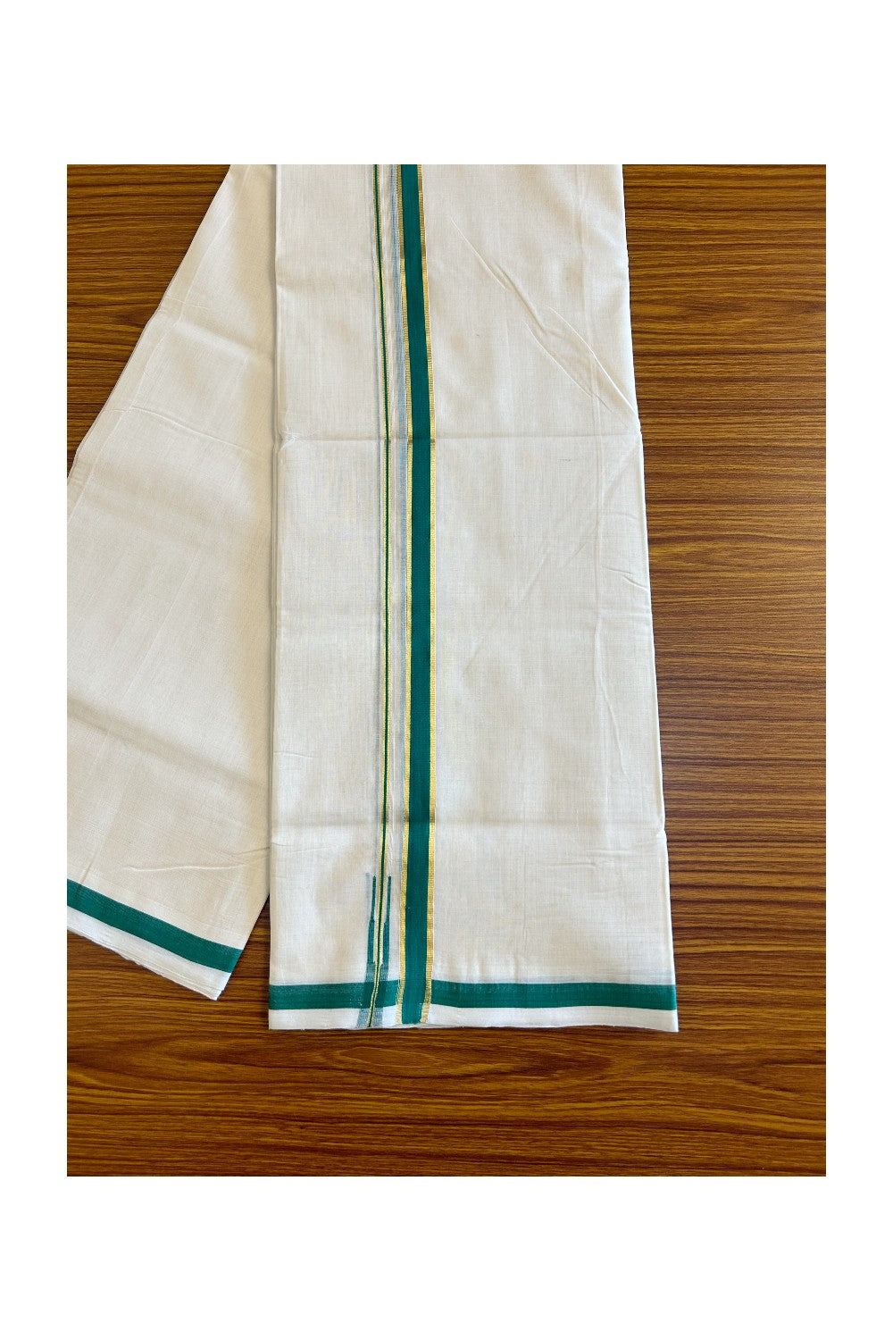25% Discount!!! KaithariKada Handloom Unakkupaav Balaramapuram - 100% Pure Cotton off white (Unbleached) Double Mundu/Dhoti - 2 cm Green & kasav Puliyilakkara chutty - 22KK458SOM