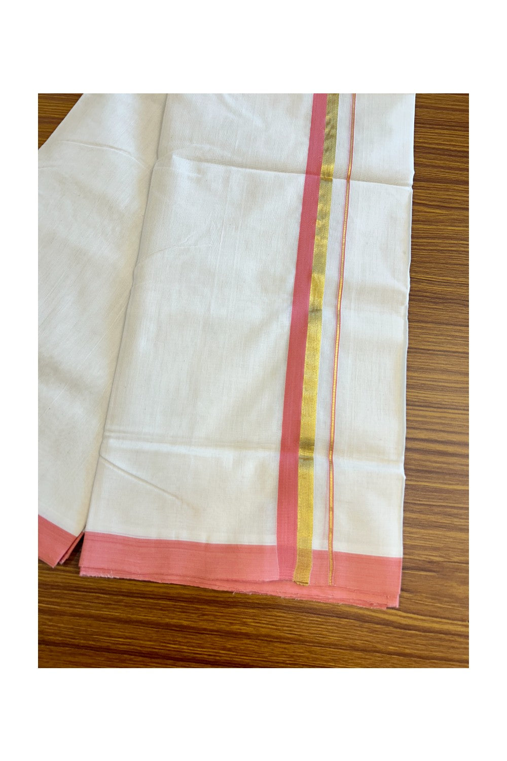 30% KaithariKada HANDLOOM UNAKKUPAAV Balaramapuram - 100% PURE Cotton Off white (Unbleached) Double Mundu/Dhoti - 1.5 inch Peach Kara & Gold Kasavu-85