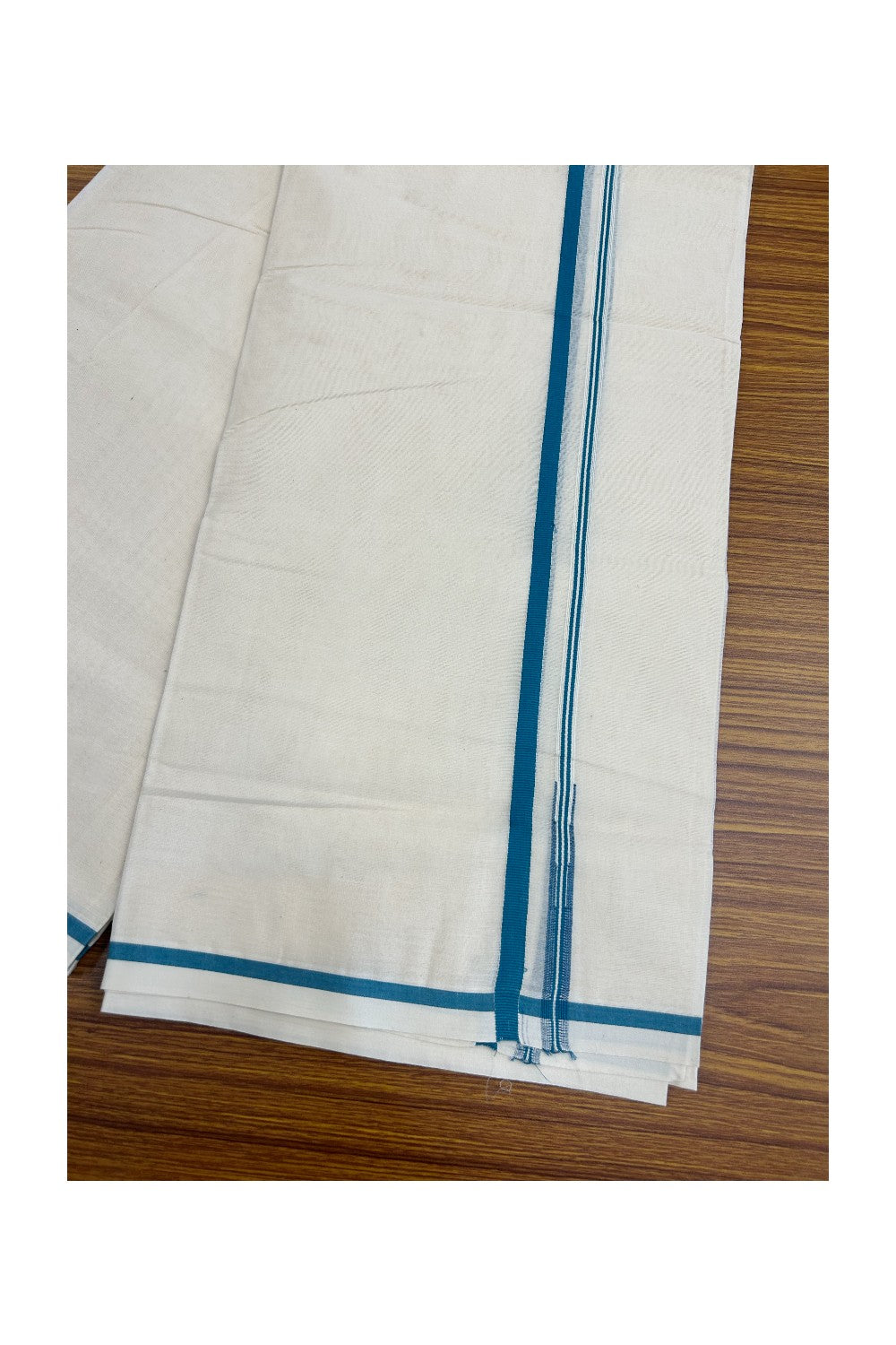 21% Discount!! KaithariKada Balaramapuram 100% Cotton Double Off white - (Unbleached) - Mundu/Dhoti-100x100 - 1 cm Puliyilakkara Chutty Peacock Blue Kara - 69