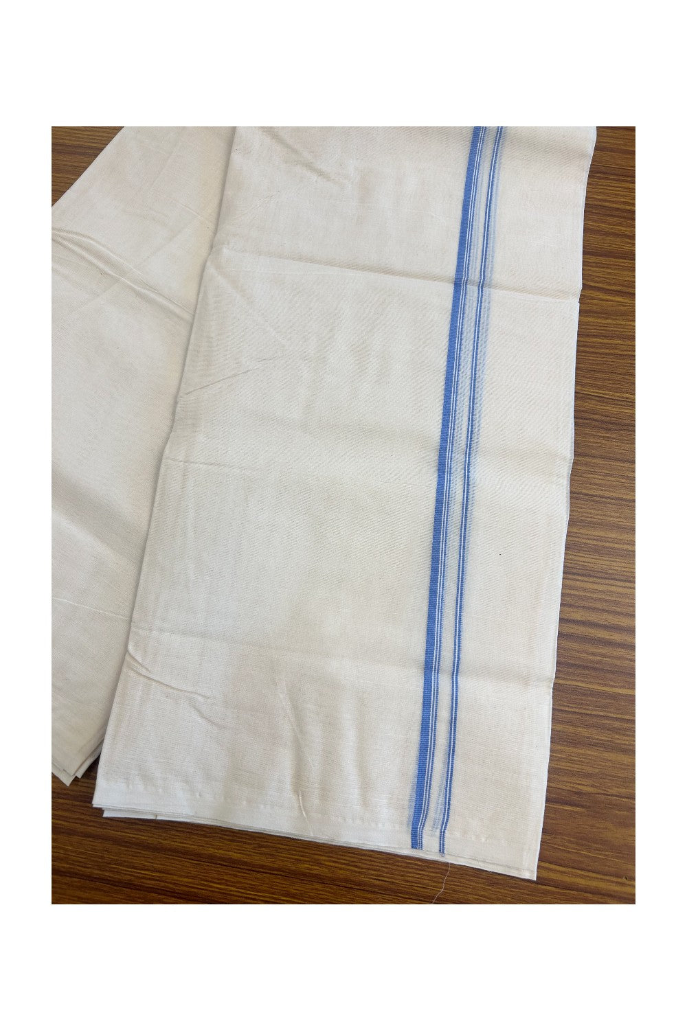 33% DISCOUNT ! KaithariKada Balaramapuram 100% Cotton Double Off white (Unbleached) Mundu/Dhoti-100X100- SKY BLUE & STRIPES 2.cm Kara 4 mtr - ASH017.