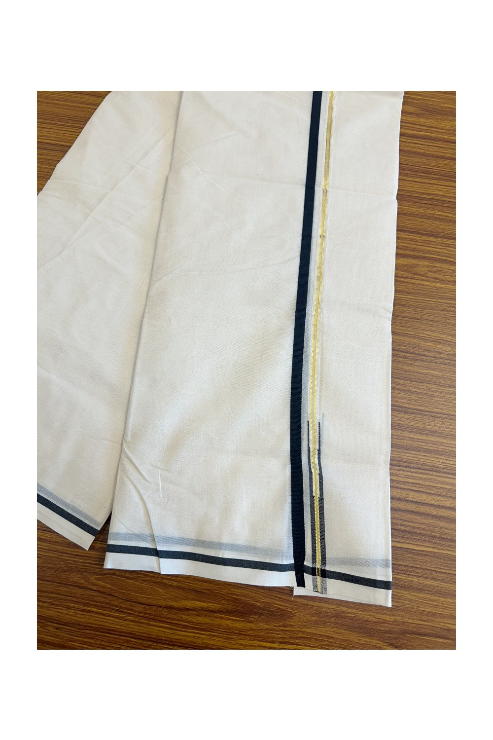 13% Discount!!! KaithariKada Balaramapuram 100% Cotton off white (Unbleached) Double Mundu/Dhoti-100x100 1.cm Chutty Black & Kasavu-28